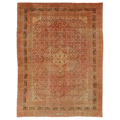 Antique Persian Tabriz Rug with Medallion Design in Coral, Cream and Brown Tones