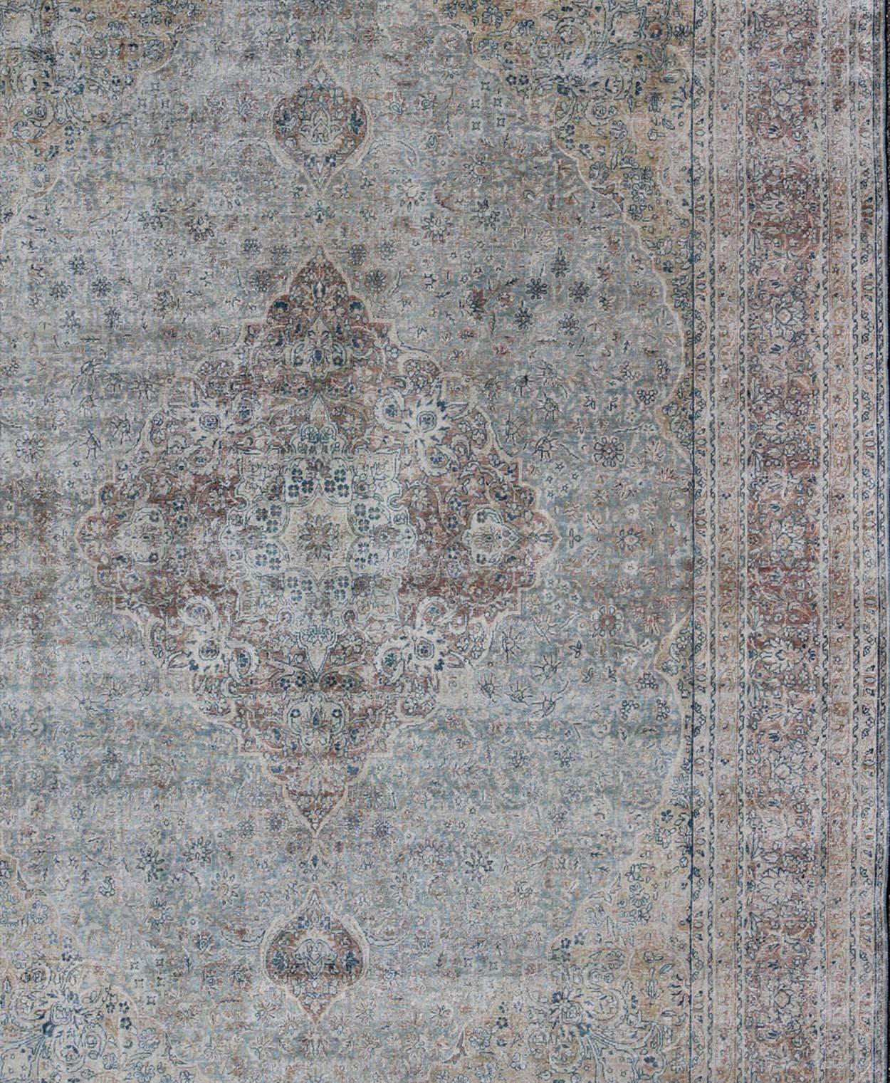 Hand-Knotted Antique Persian Tabriz Rug with Medallion Design in Grayish Blue, Gold, Brown