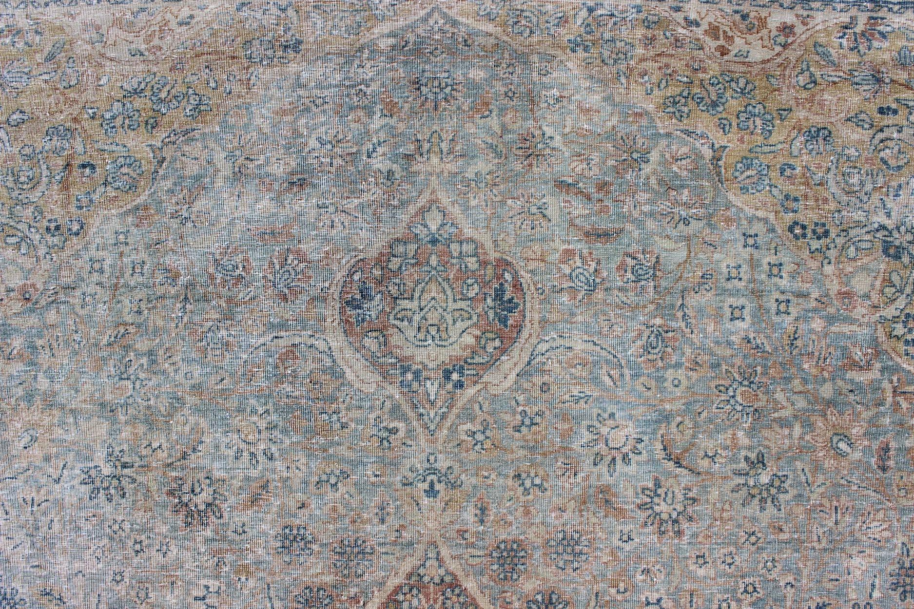 Early 20th Century Antique Persian Tabriz Rug with Medallion Design in Grayish Blue, Gold, Brown