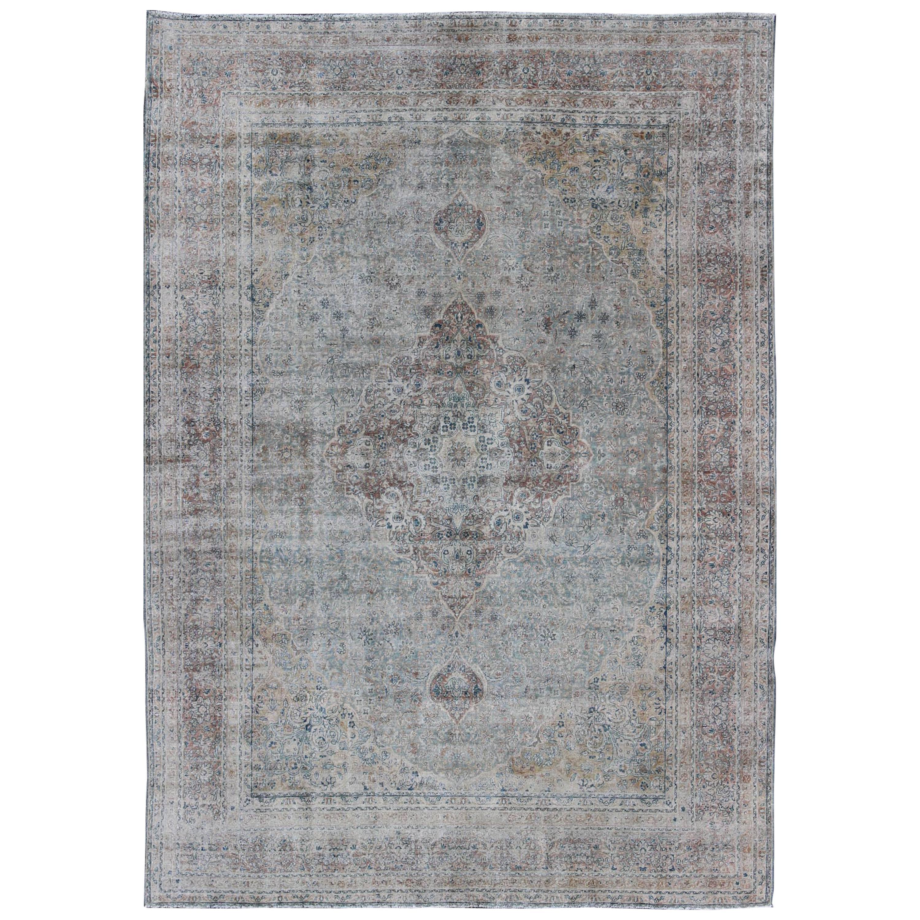 Antique Persian Tabriz Rug with Medallion Design in Grayish Blue, Gold, Brown