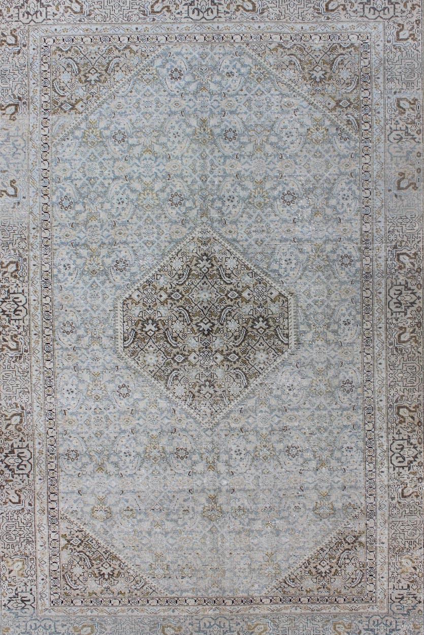 Hand-Knotted Antique Persian Tabriz Rug with Medallion in Light Blue, Tan and Brown Colors