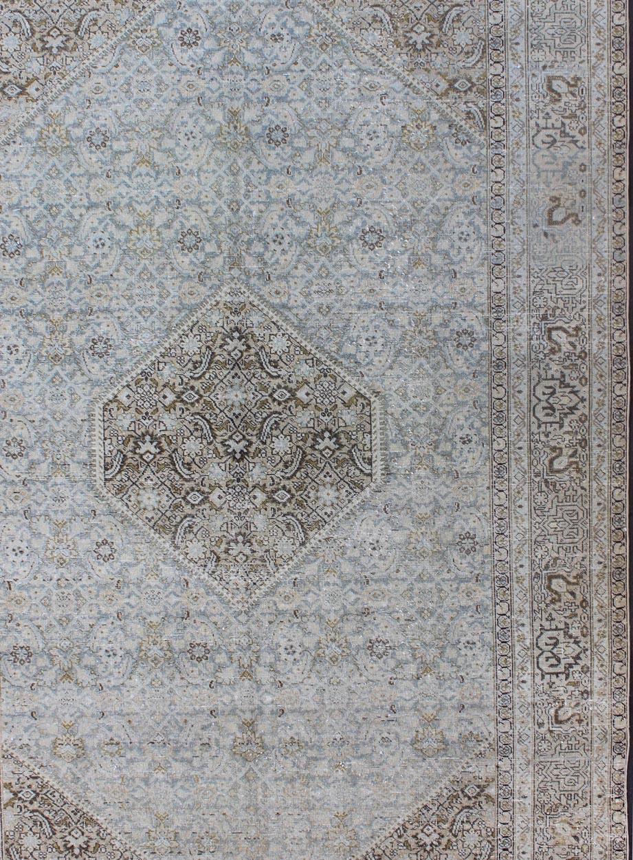 Antique Persian Tabriz Rug with Medallion in Light Blue, Tan and Brown Colors In Good Condition In Atlanta, GA