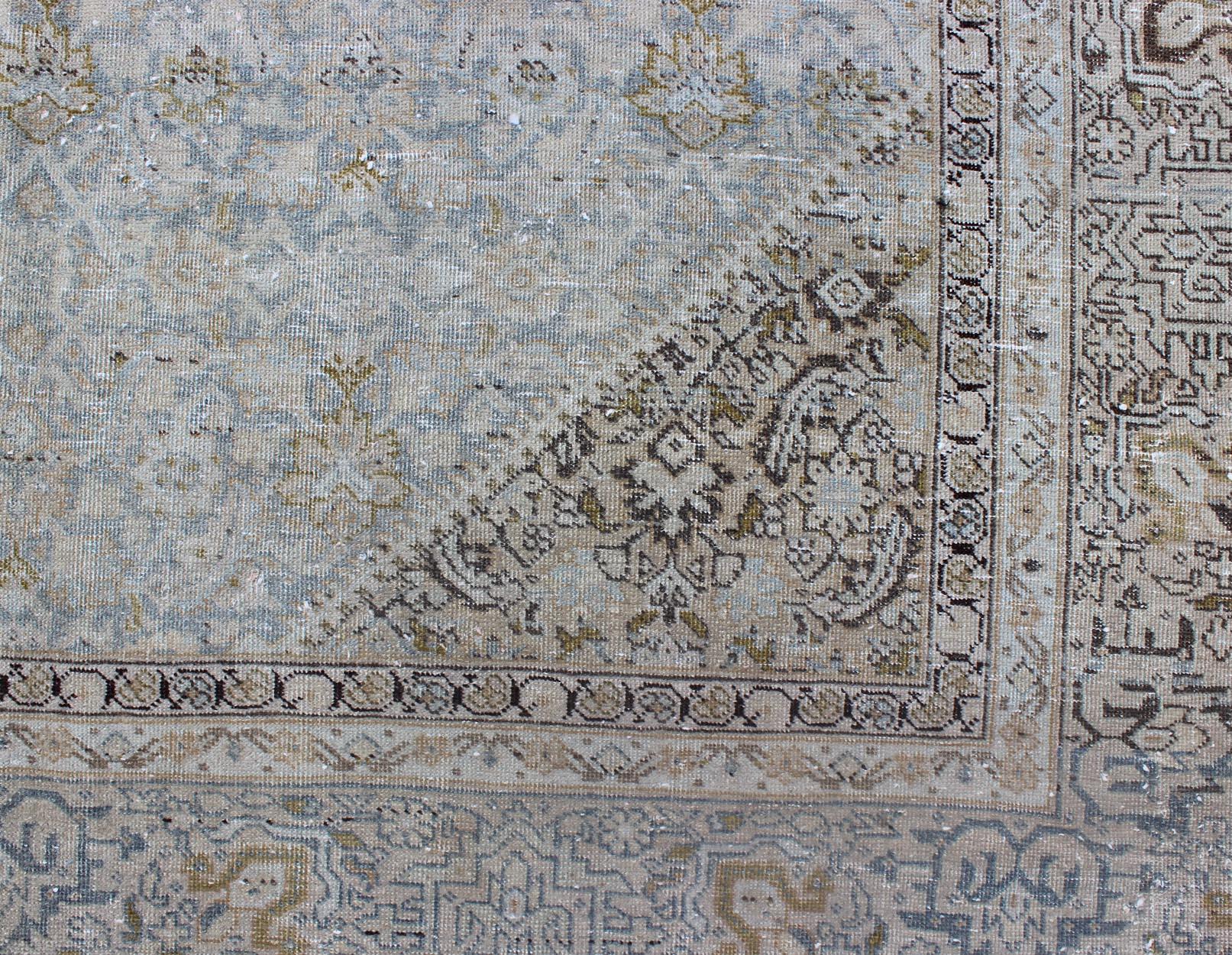 Wool Antique Persian Tabriz Rug with Medallion in Light Blue, Tan and Brown Colors