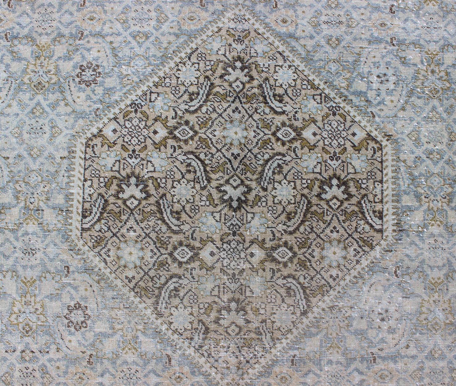 Antique Persian Tabriz Rug with Medallion in Light Blue, Tan and Brown Colors 2