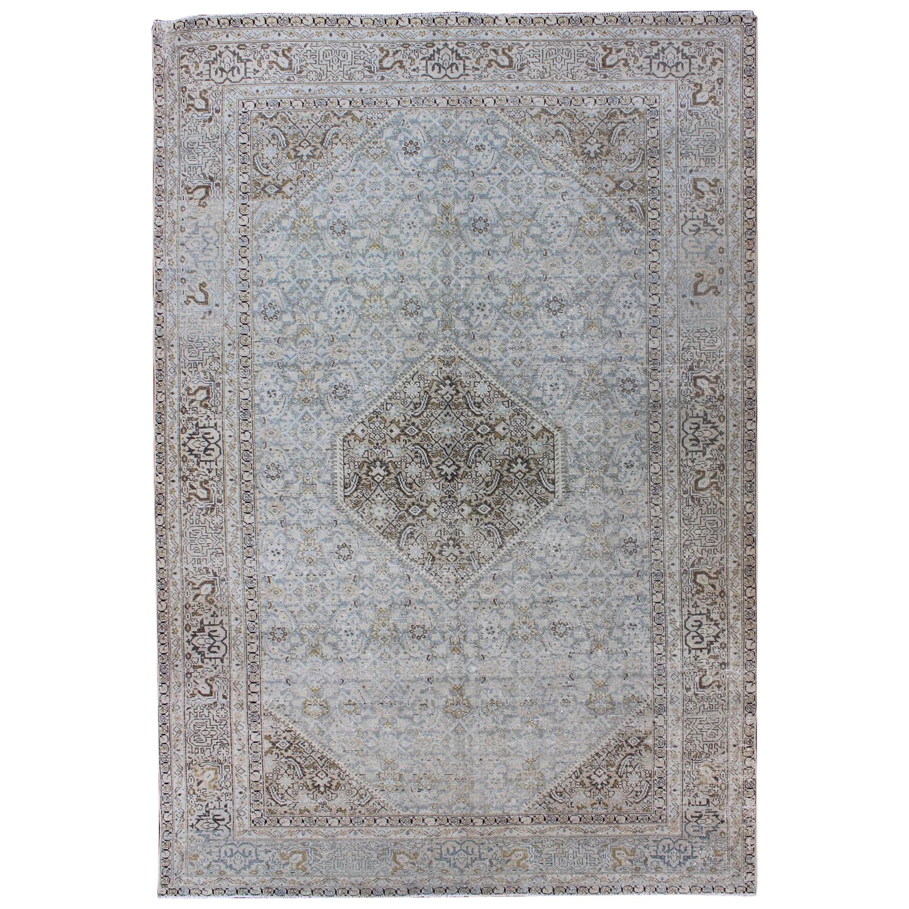 Antique Persian Tabriz Rug with Medallion in Light Blue, Tan and Brown Colors