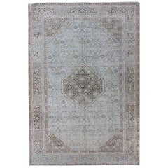 Antique Persian Tabriz Rug with Medallion in Light Blue, Tan and Brown Colors