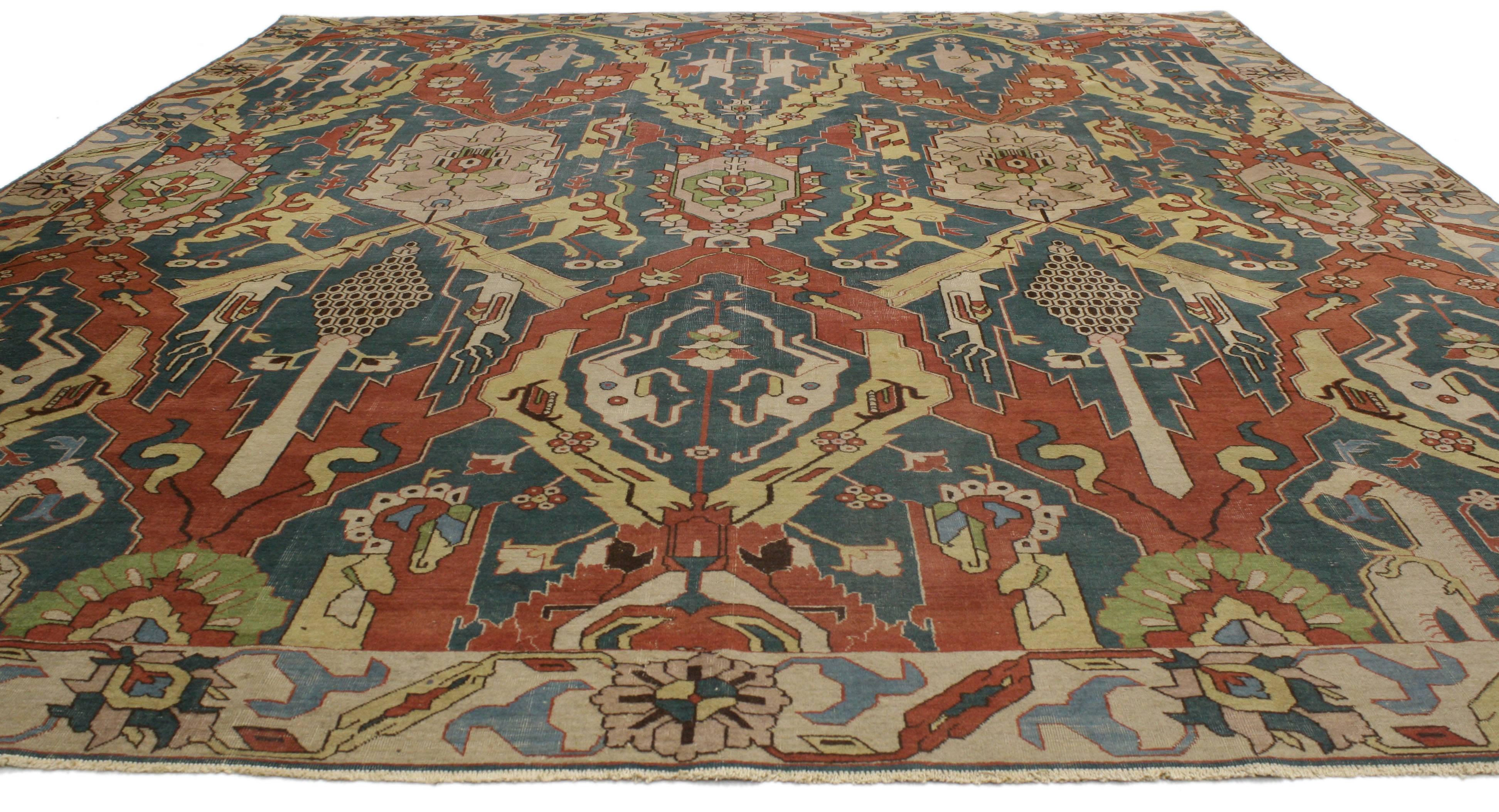 77049 antique Persian Tabriz rug with modern Art Deco style. Refined colors integrated with an intimate patina, this antique Persian Petag Tabriz rug showcases a modern Art Deco style. Classically composed and boasting an eclectic style, this