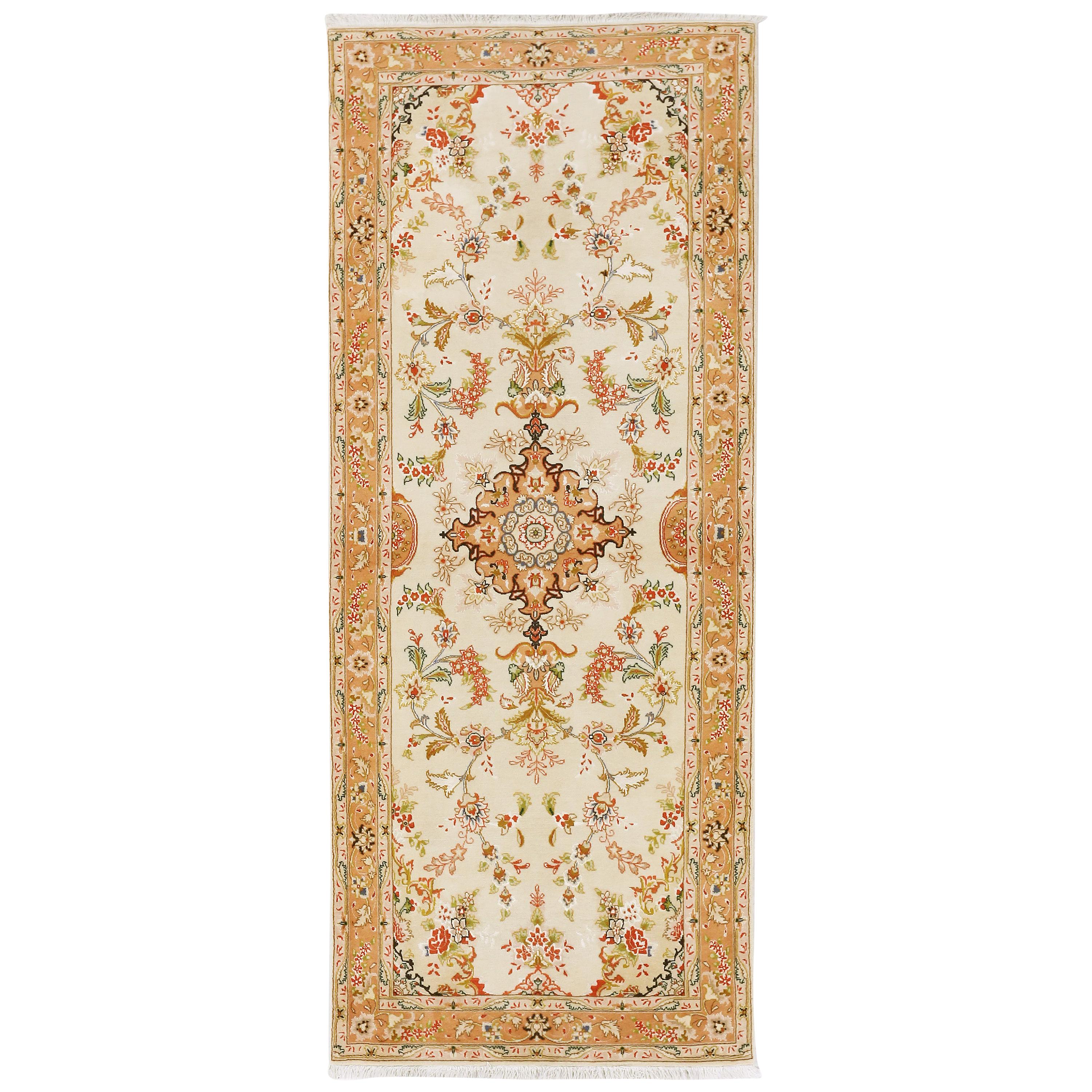Antique Persian Tabriz Rug with Red and Brown Floral Details on Ivory Field