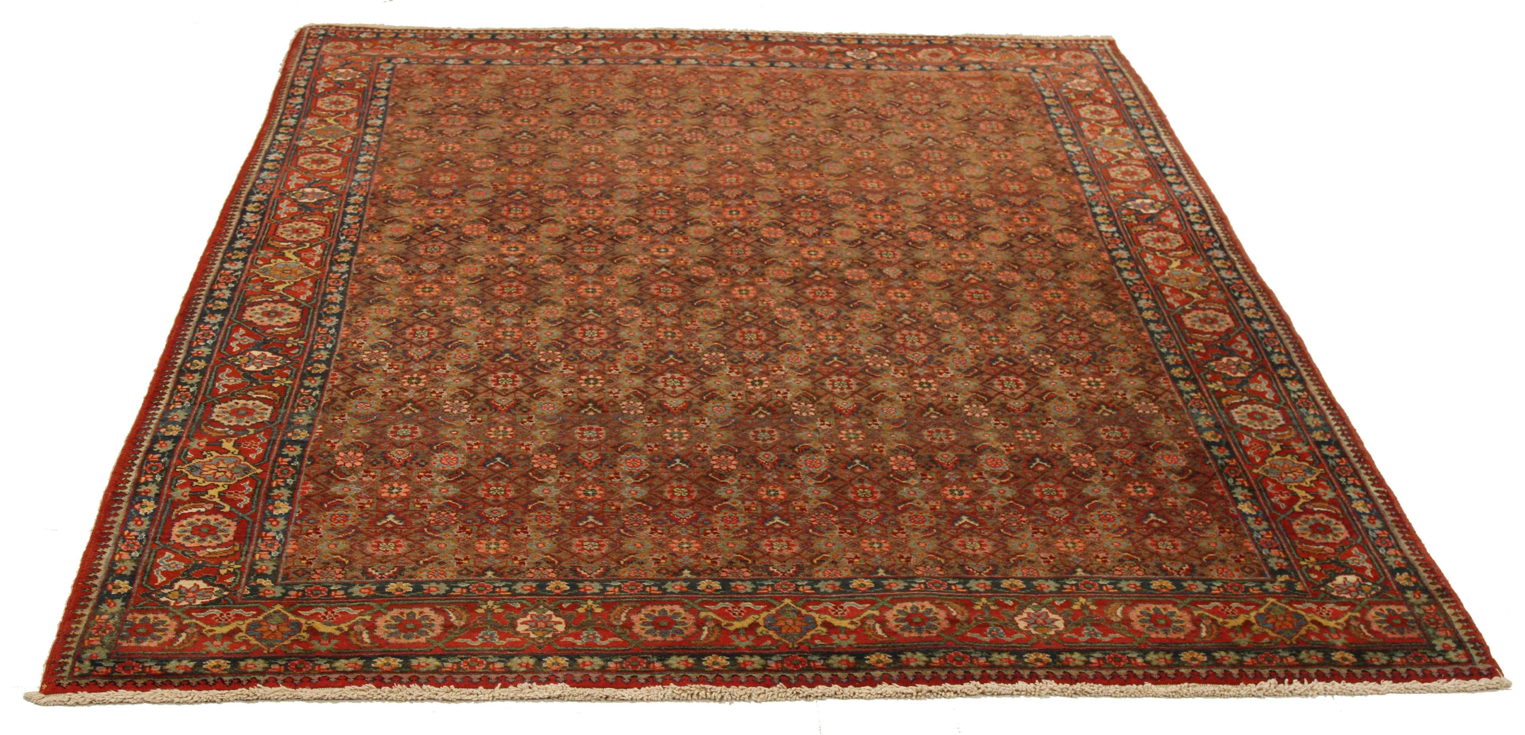 Hand-Woven Antique Persian Tabriz Rug with Red and Green Flower Allover Motifs For Sale