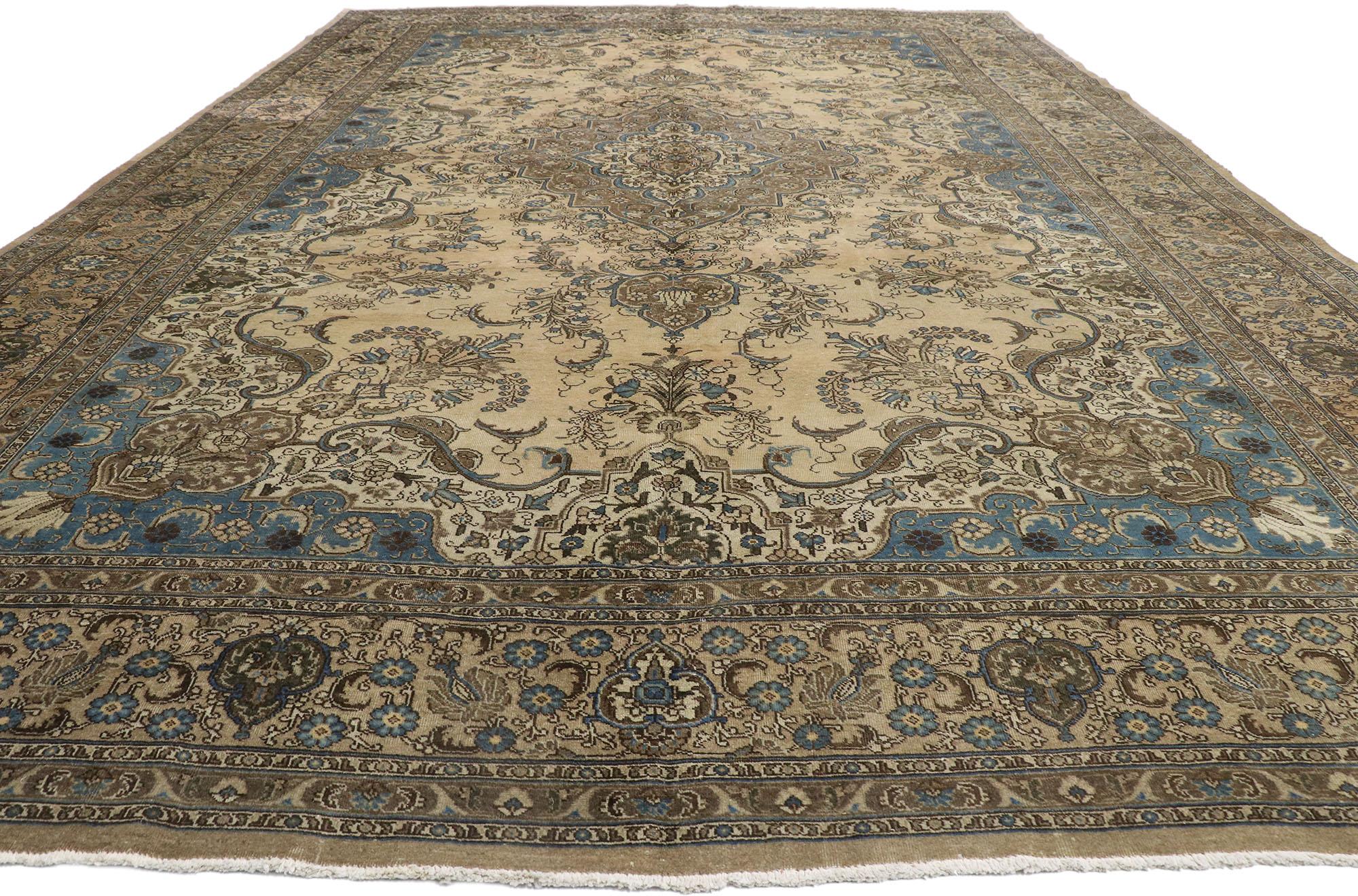 Hand-Knotted Antique Persian Tabriz Rug with Rustic French Cottage Style For Sale