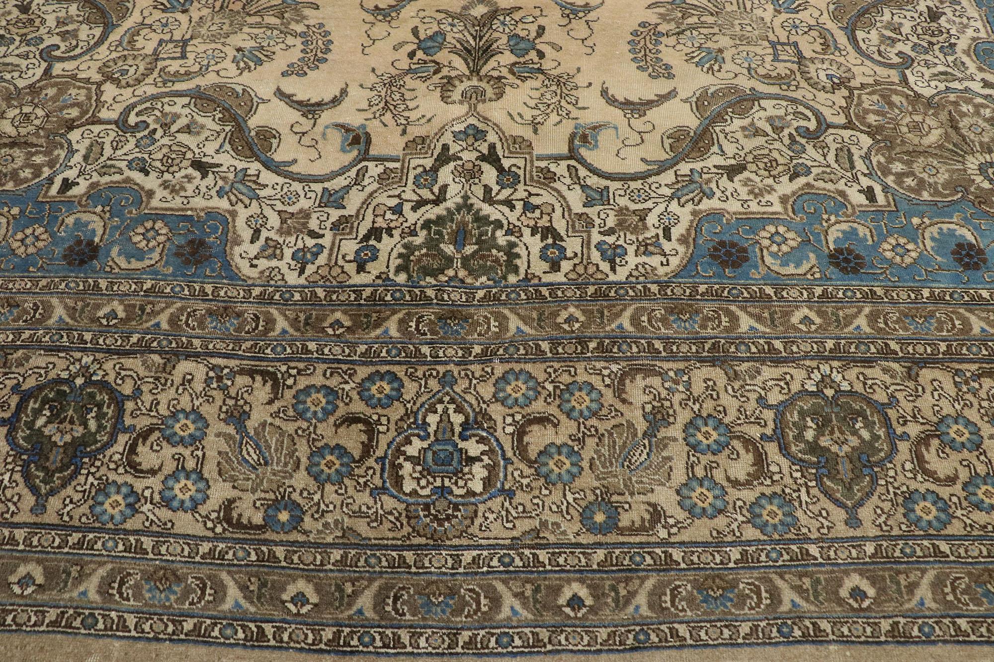 Antique Persian Tabriz Rug with Rustic French Cottage Style In Distressed Condition For Sale In Dallas, TX