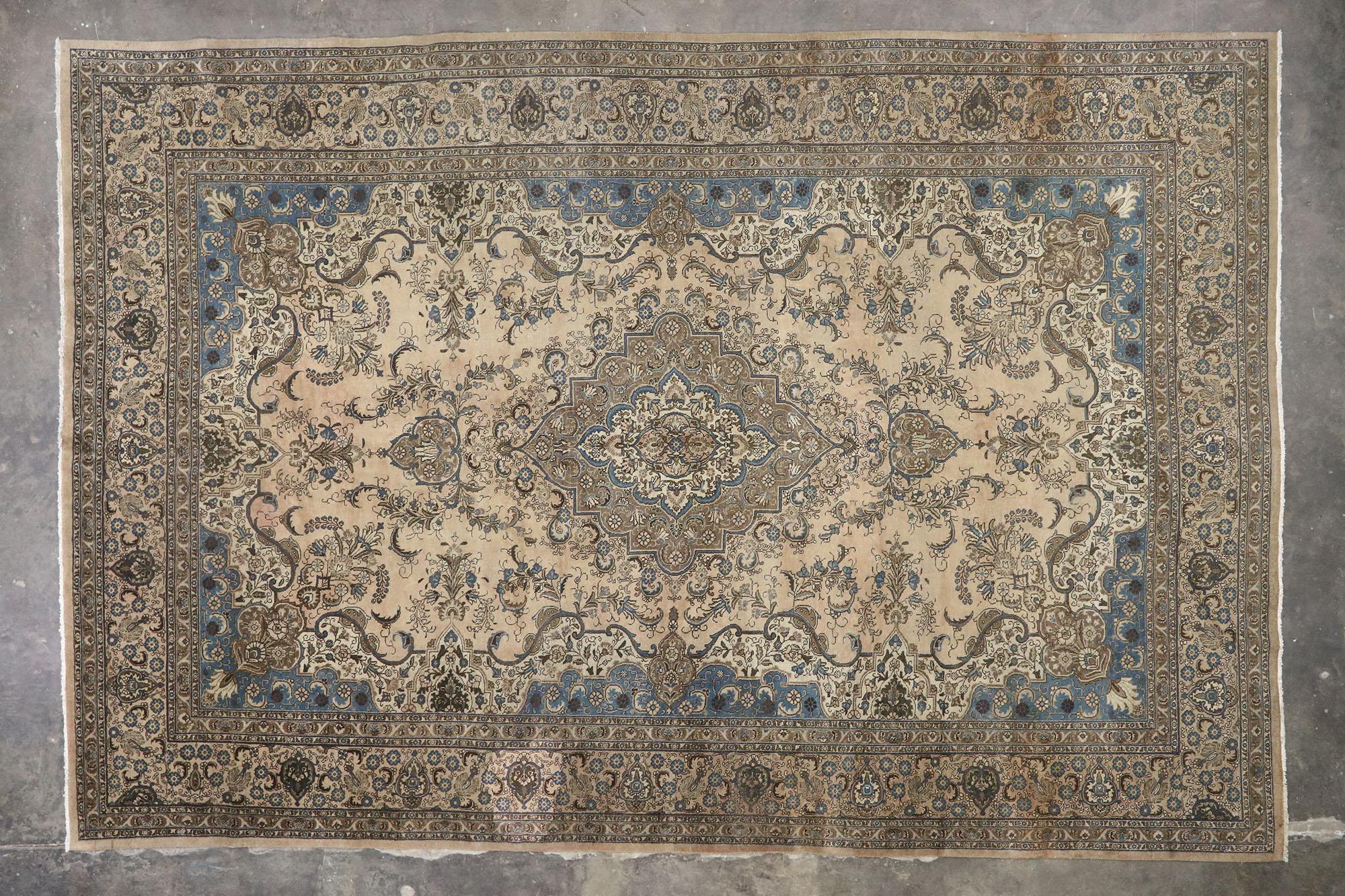 Antique Persian Tabriz Rug with Rustic French Cottage Style For Sale 2
