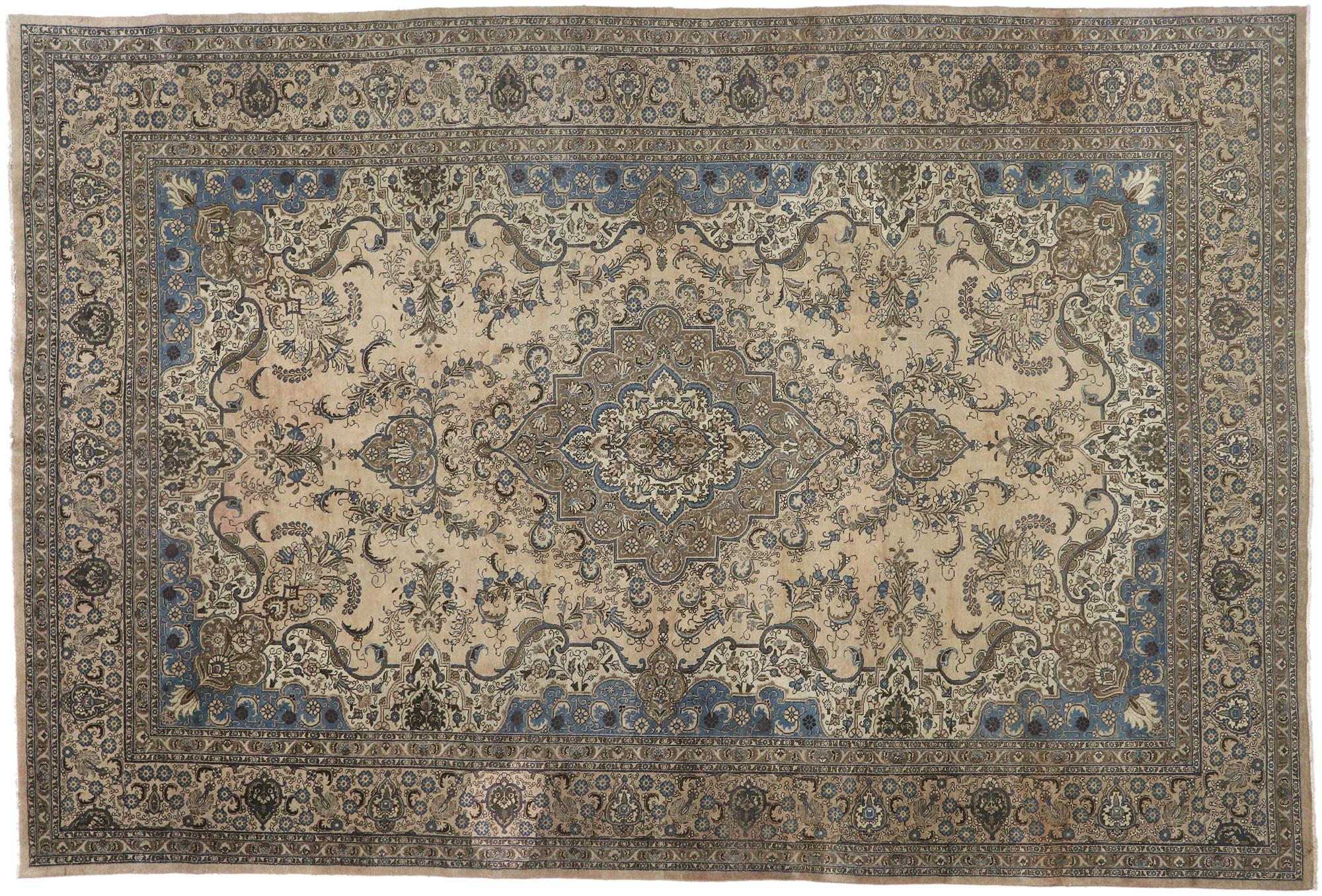 Antique Persian Tabriz Rug with Rustic French Cottage Style For Sale 3