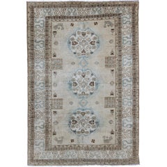 Antique Persian Tabriz Rug with Three Medallions in Muted Earth Tones and L.Blue
