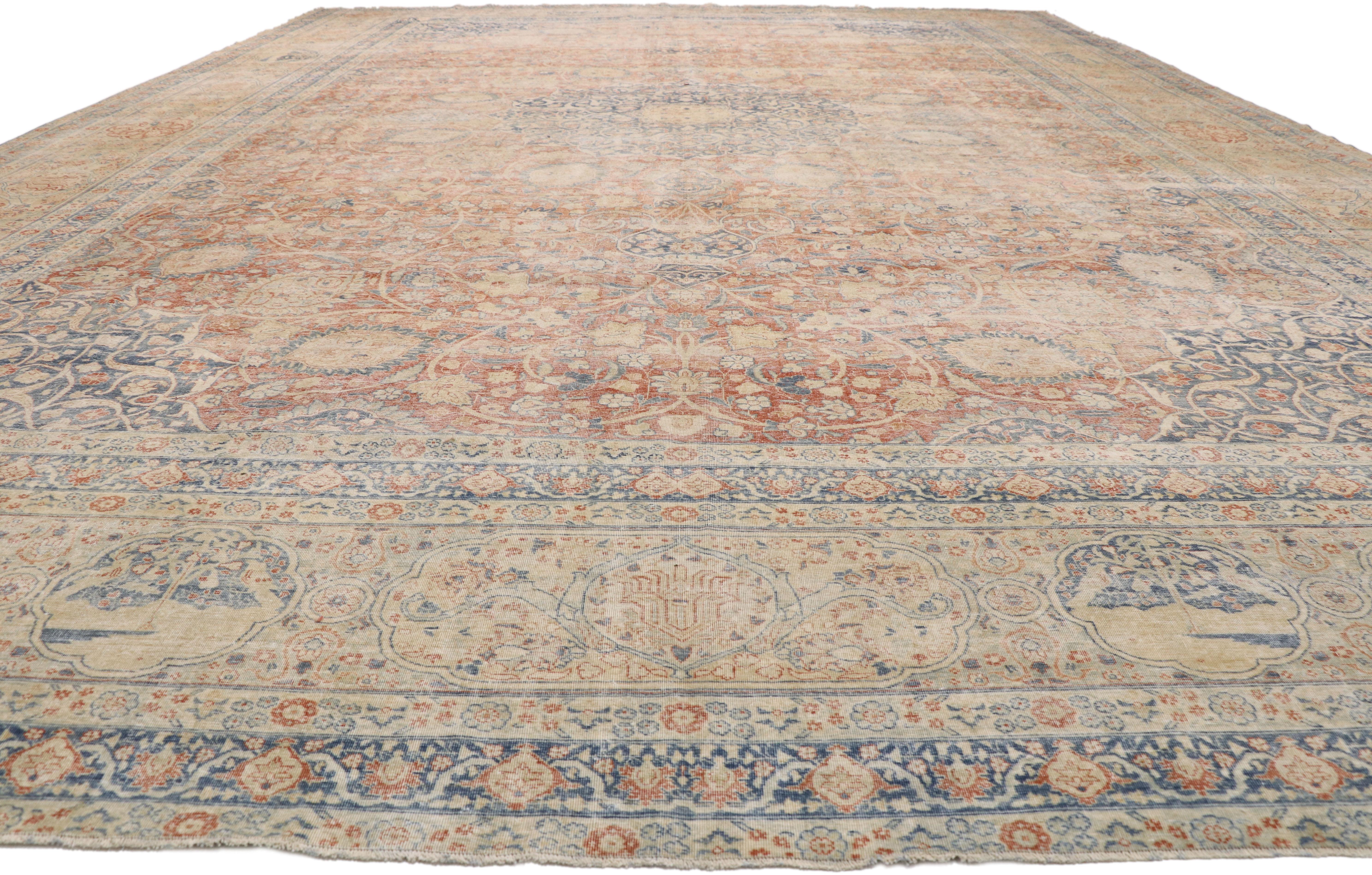 Hand-Knotted Distressed Antique Persian Tabriz Palace Rug with Rustic Relaxed Federal Style