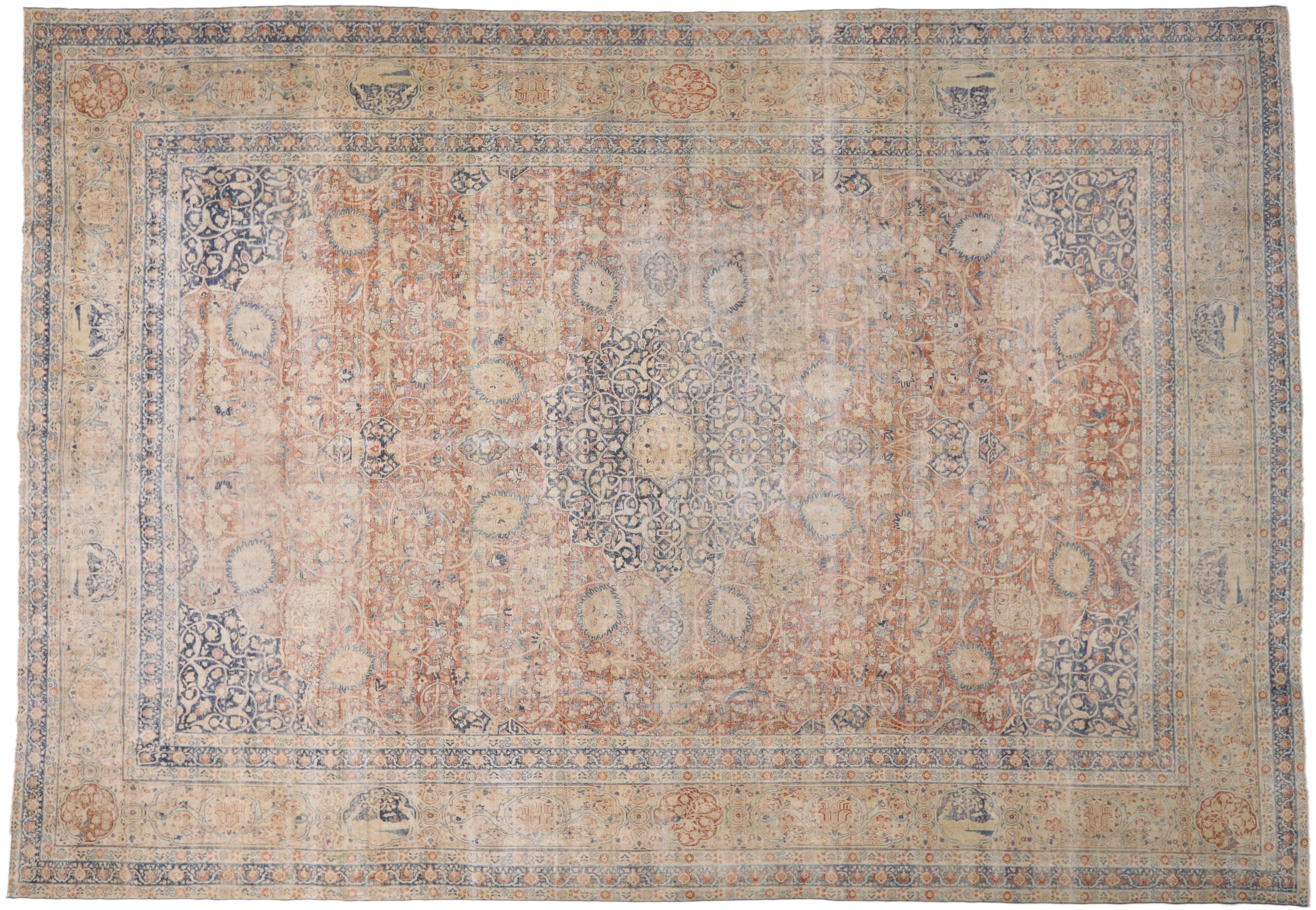 Distressed Antique Persian Tabriz Palace Rug with Rustic Relaxed Federal Style 3