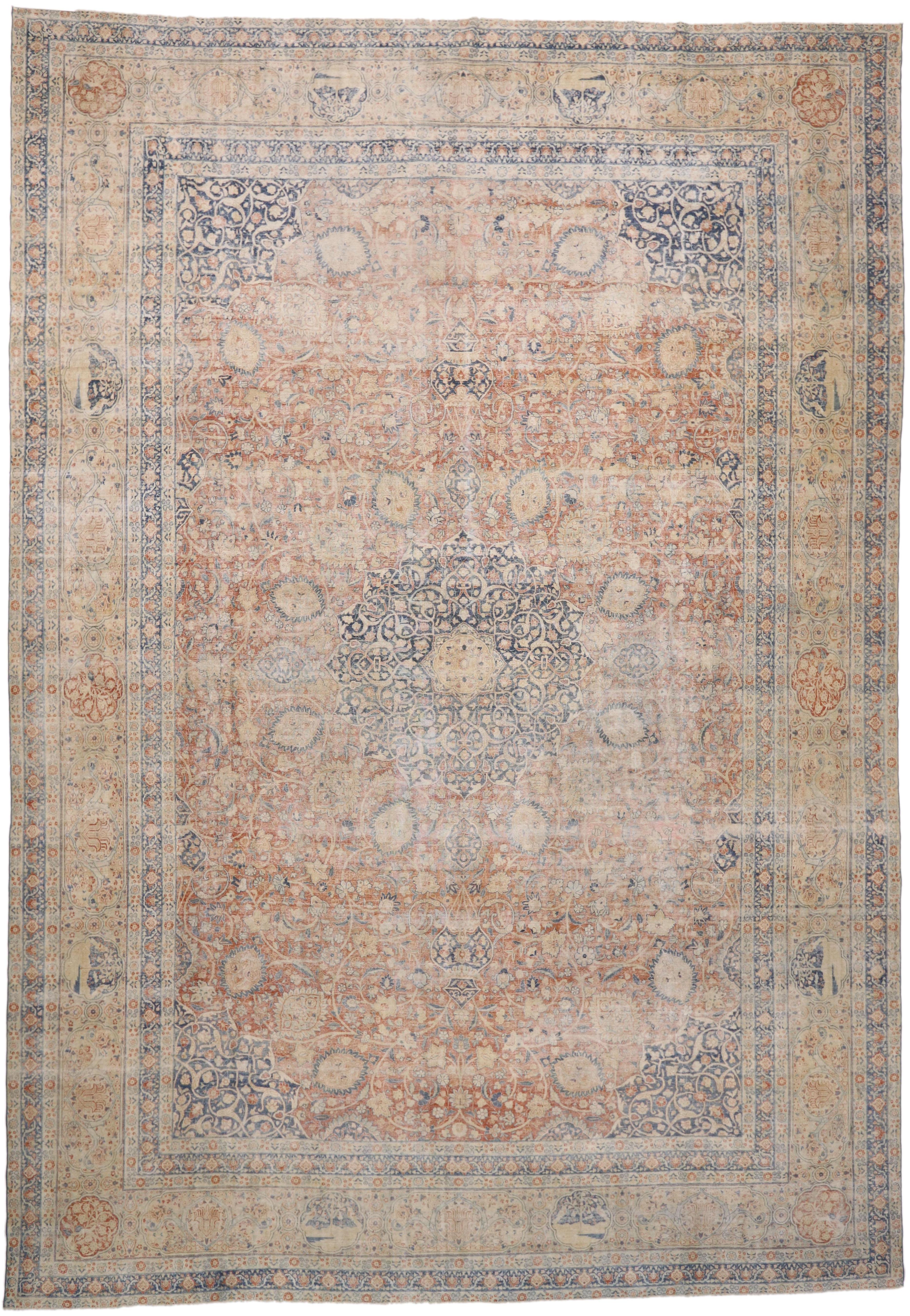 76692 Distressed Antique Persian Tabriz Palace Rug with Rustic Relaxed Federal Style and The Ardabil Carpet Design 15'00 x 21'08. Balancing a timeless floral design with traditional sensibility and a lovingly timeworn patina, this hand-knotted wool