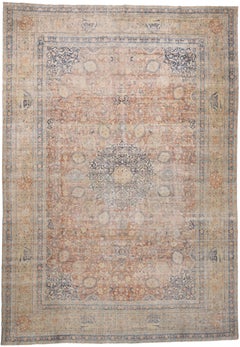 Distressed Antique Persian Tabriz Palace Rug with Rustic Relaxed Federal Style