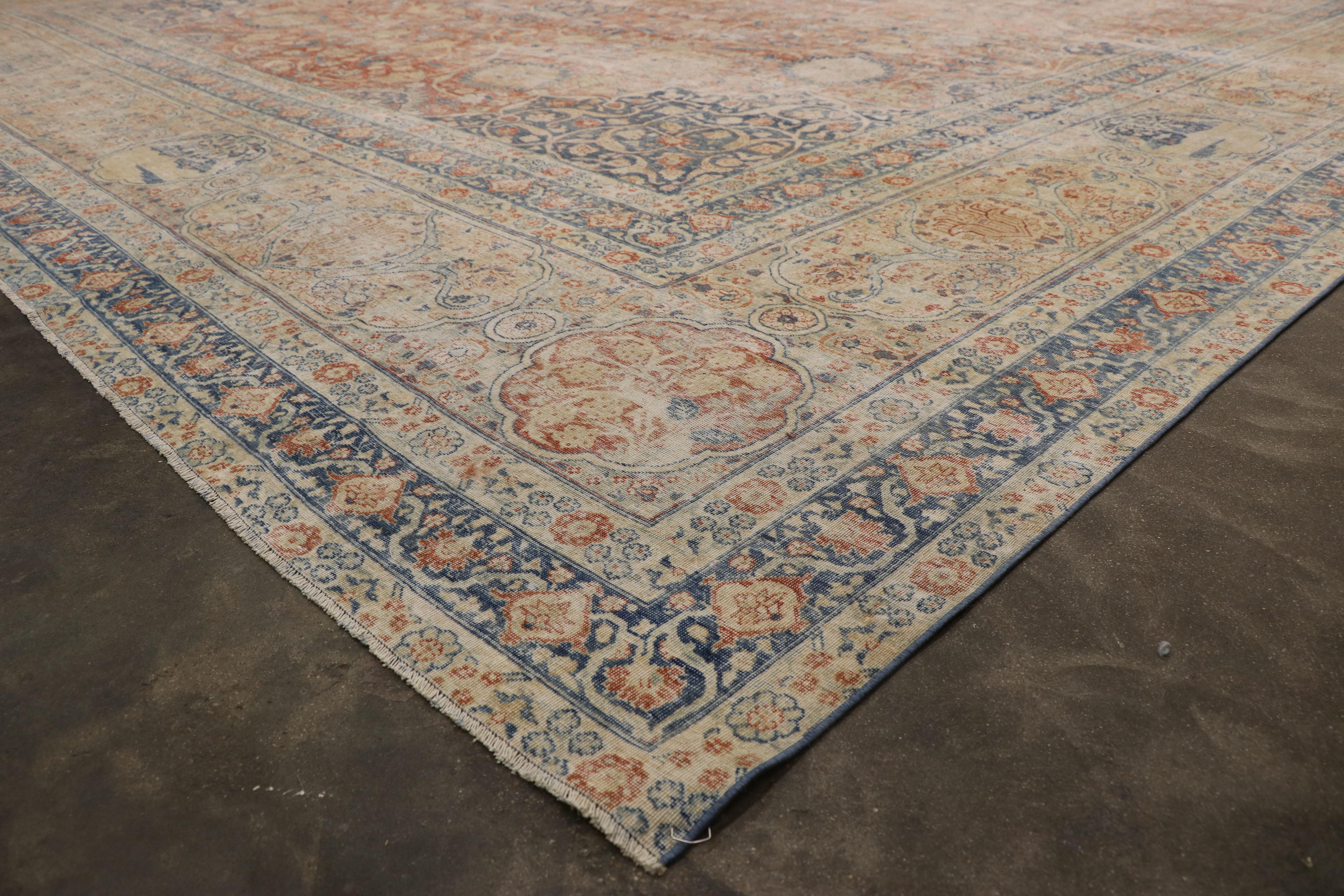 Wool Distressed Antique Persian Tabriz Palace Rug with Rustic Relaxed Federal Style