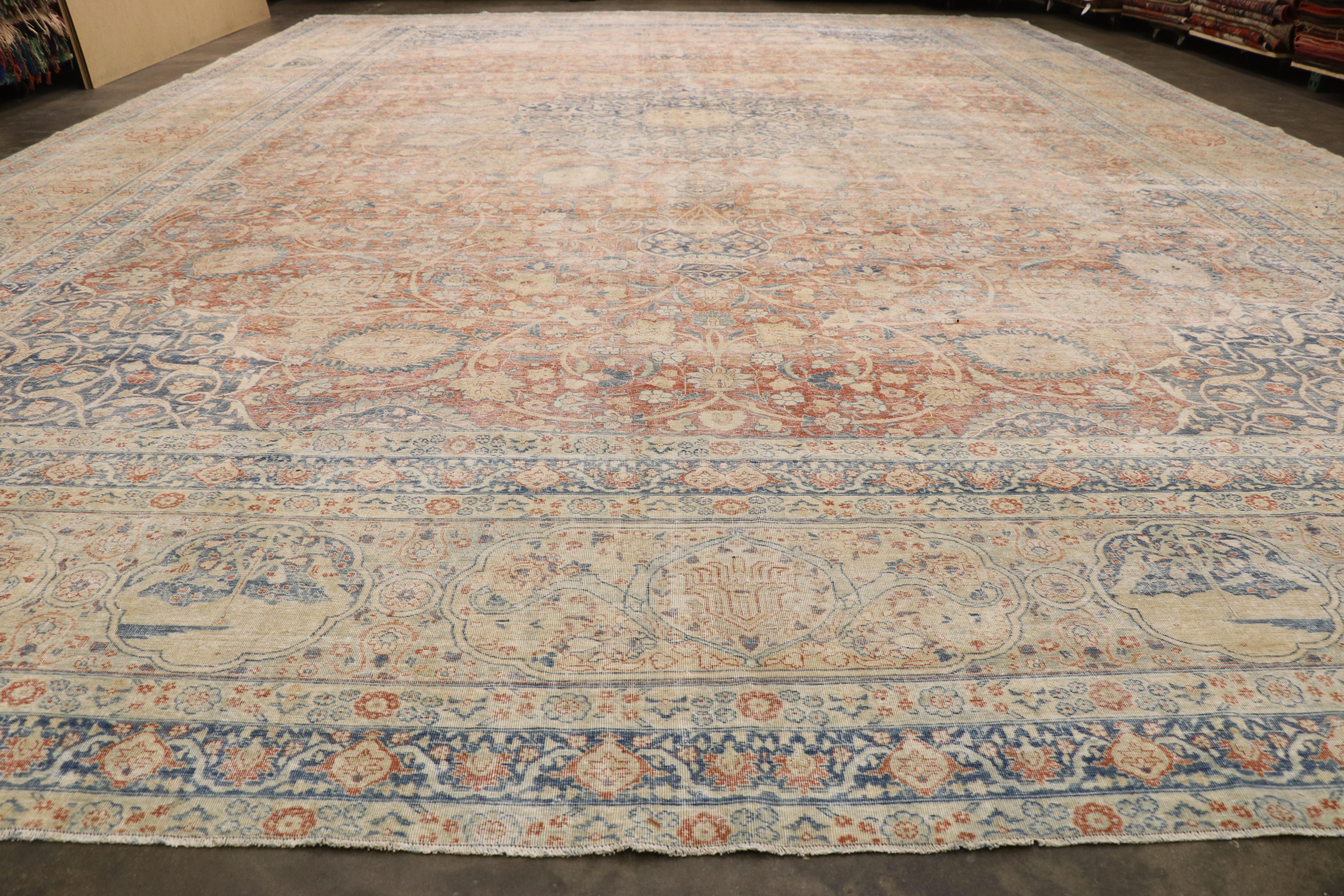 Distressed Antique Persian Tabriz Palace Rug with Rustic Relaxed Federal Style 1