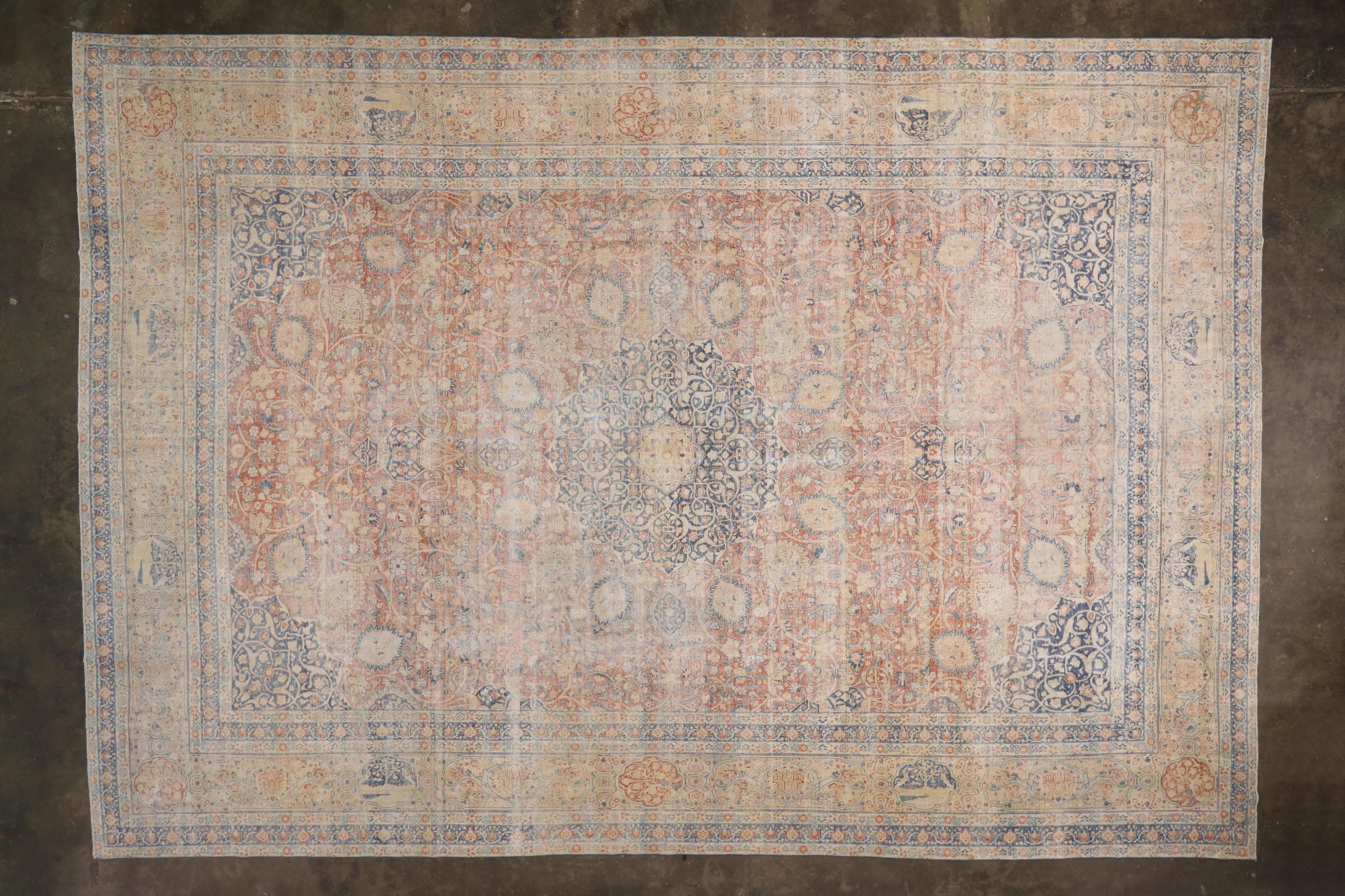 Distressed Antique Persian Tabriz Palace Rug with Rustic Relaxed Federal Style 2
