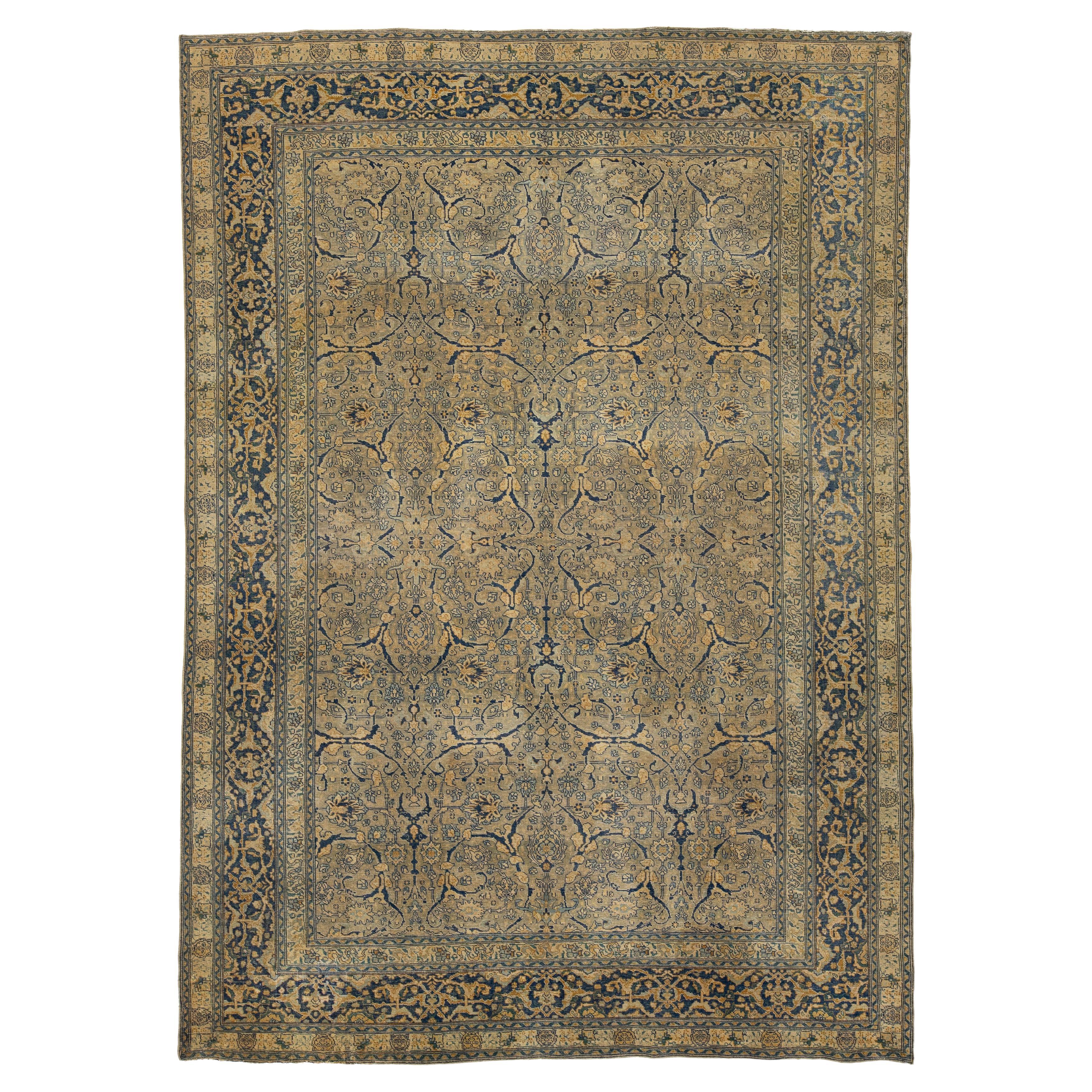 Antique Persian Tabriz Rug Wool Hand-Knotted In Blue All-over Arabesque Design For Sale
