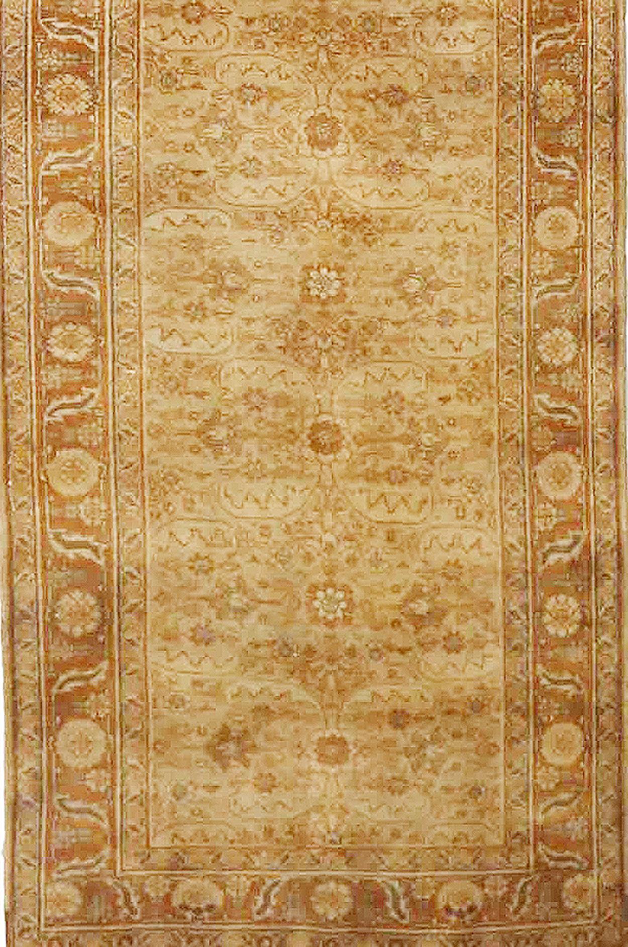 Hand-Woven Antique Persian Tabriz Runner Rug with Brown and White Flower Details For Sale