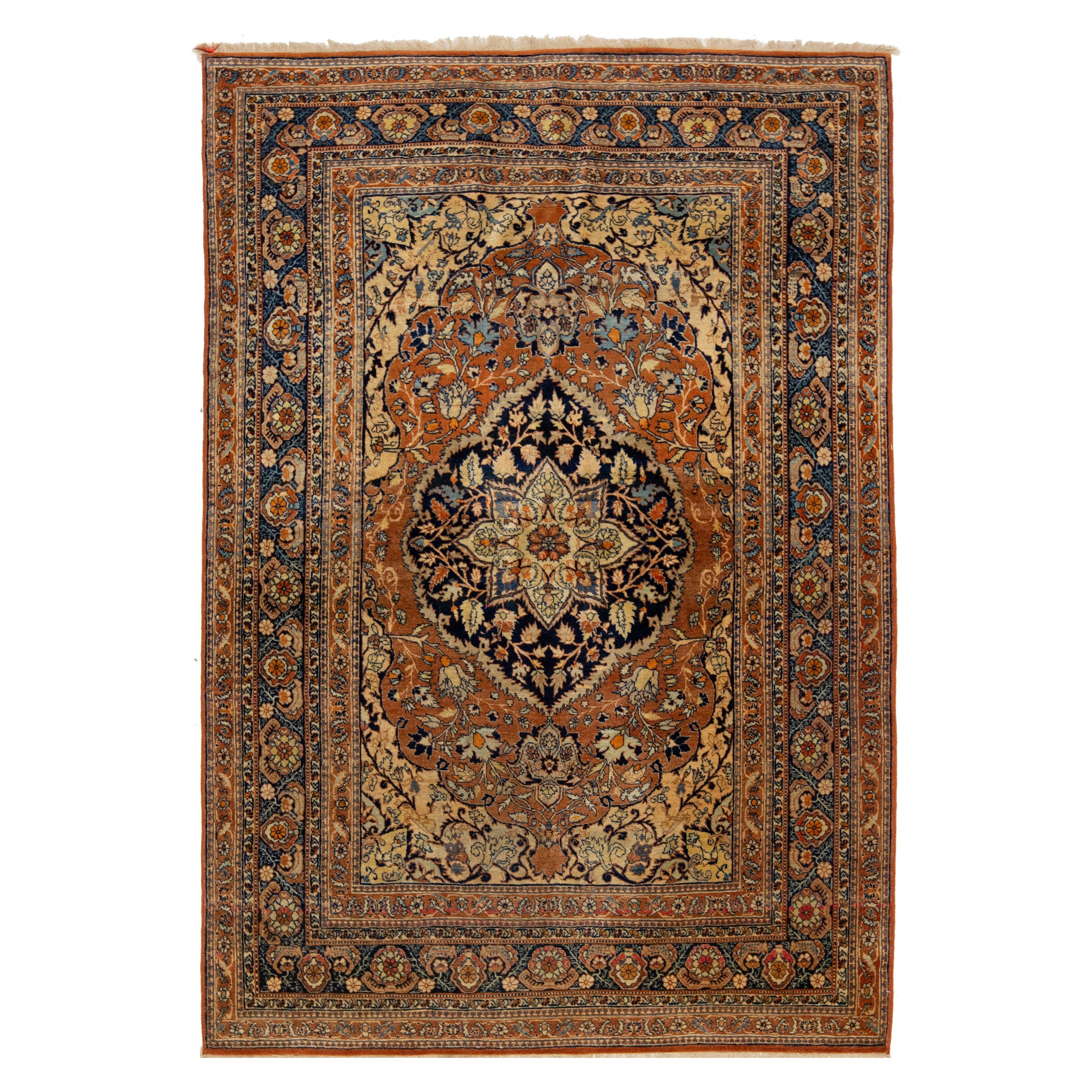 Tappeto antico persiano Tabriz Rust in lana con disegno classico a medaglione