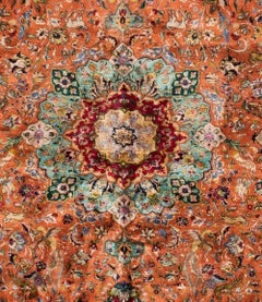 Antique Persian Rust Green Tabriz Silk Rug with Birds and Animals, circa 1940s
