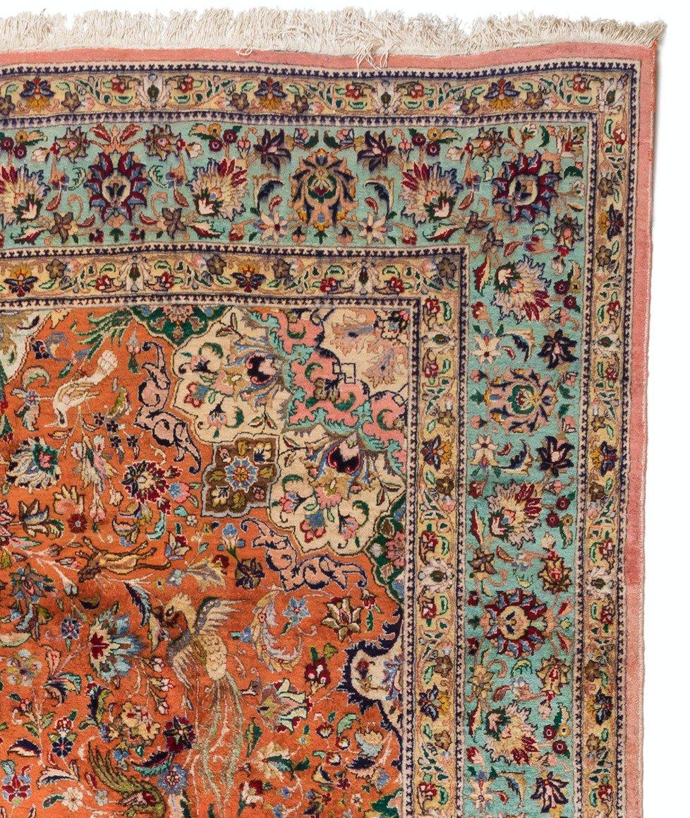 Beaux Arts Antique Persian Rust Green Tabriz Silk Rug with Birds and Animals, circa 1940s For Sale