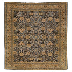 Alfombra Persa Antigua Tabriz Cuadrada De Lana Azul Con Diseño Floral Allover