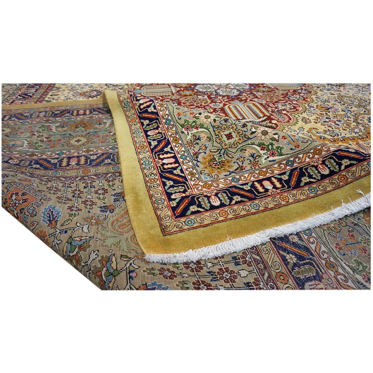 Antique Persian Tabriz 10x13 Tan, Taupe, Navy, & Gold Handmade Area Rug For Sale 6