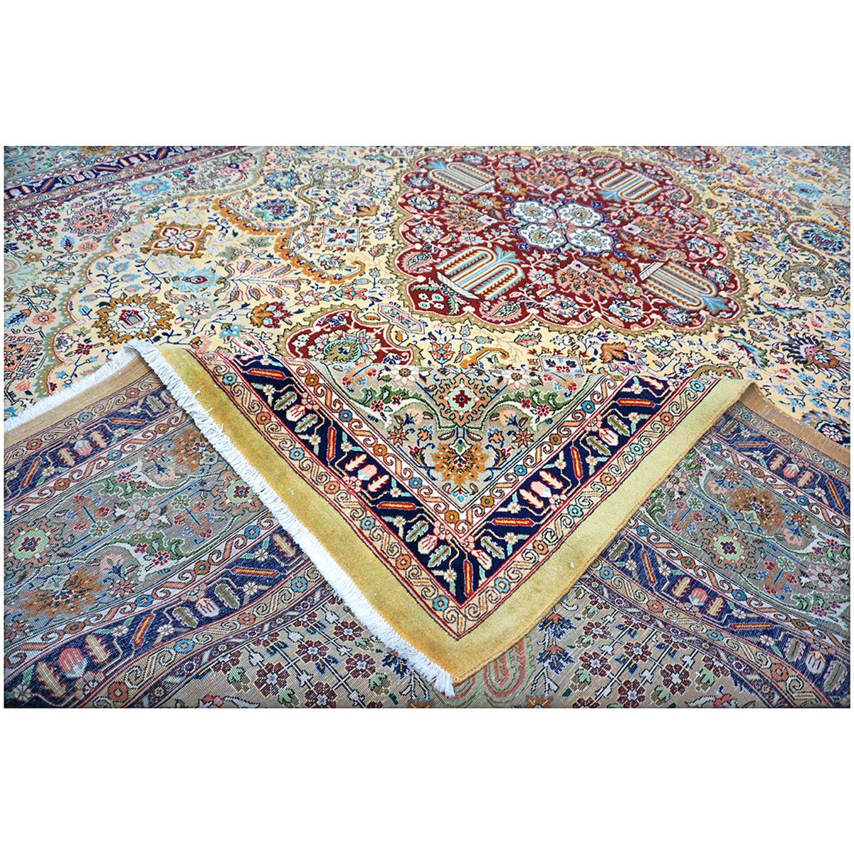 Antique Persian Tabriz 10x13 Tan, Taupe, Navy, & Gold Handmade Area Rug For Sale 7