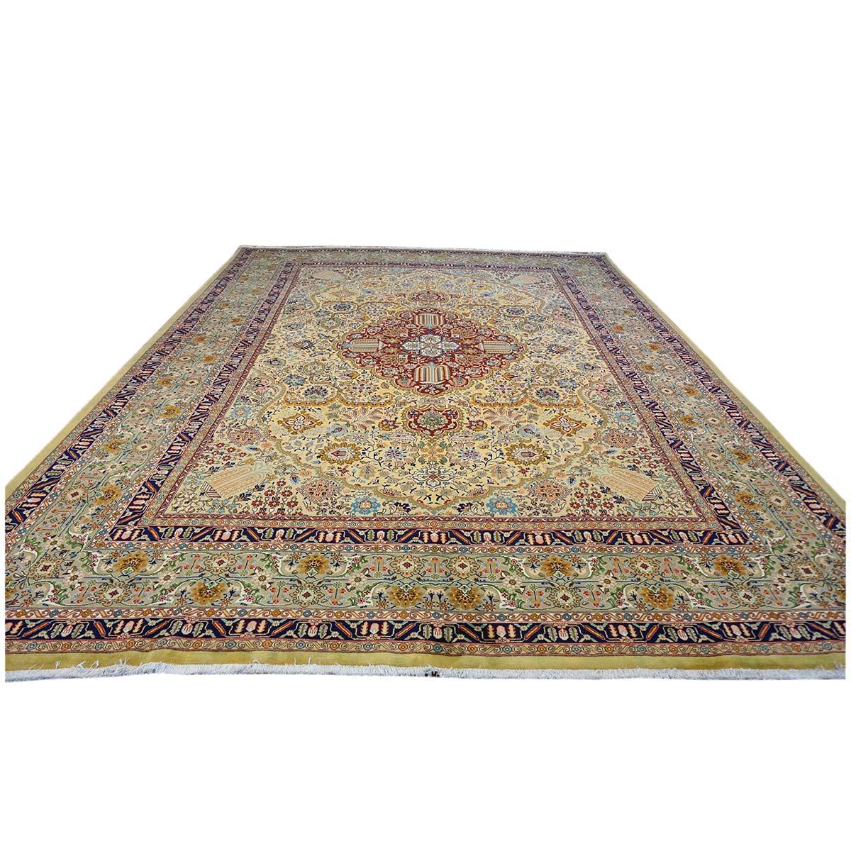 Hand-Woven Antique Persian Tabriz 10x13 Tan, Taupe, Navy, & Gold Handmade Area Rug For Sale
