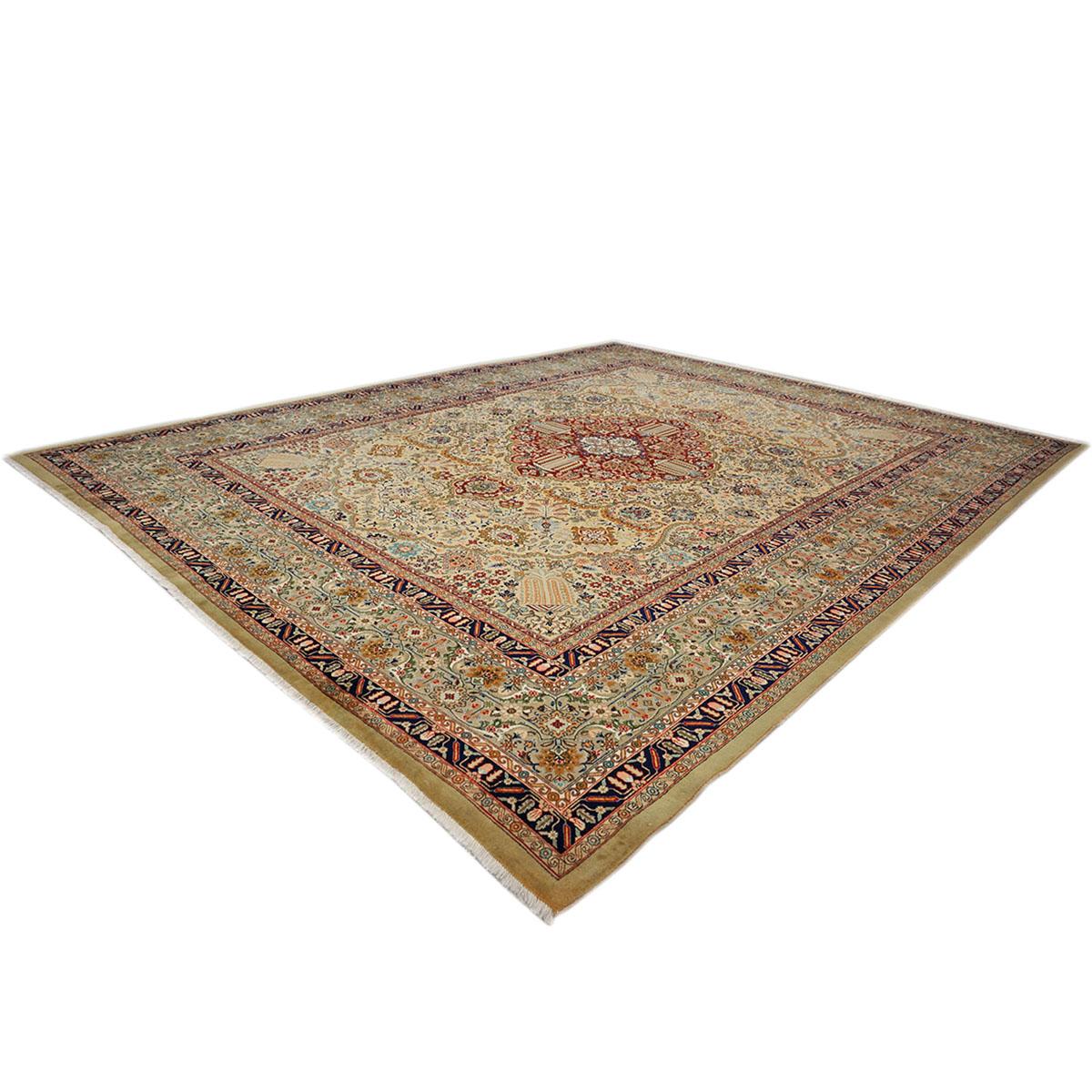 Antique Persian Tabriz 10x13 Tan, Taupe, Navy, & Gold Handmade Area Rug In Good Condition For Sale In Houston, TX