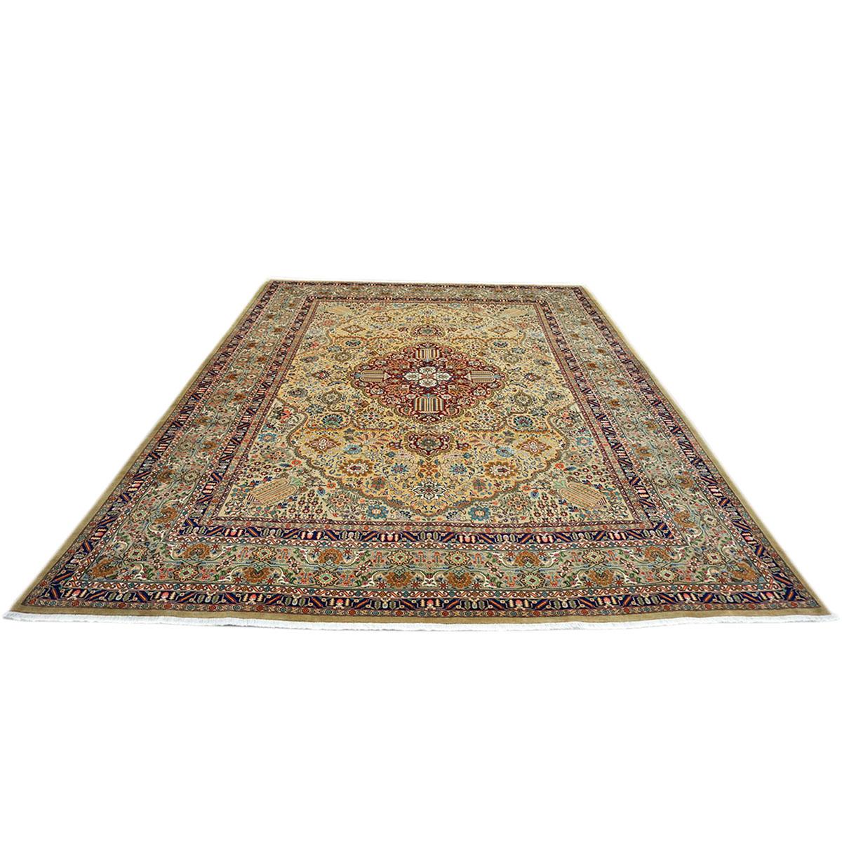 Mid-20th Century Antique Persian Tabriz 10x13 Tan, Taupe, Navy, & Gold Handmade Area Rug For Sale