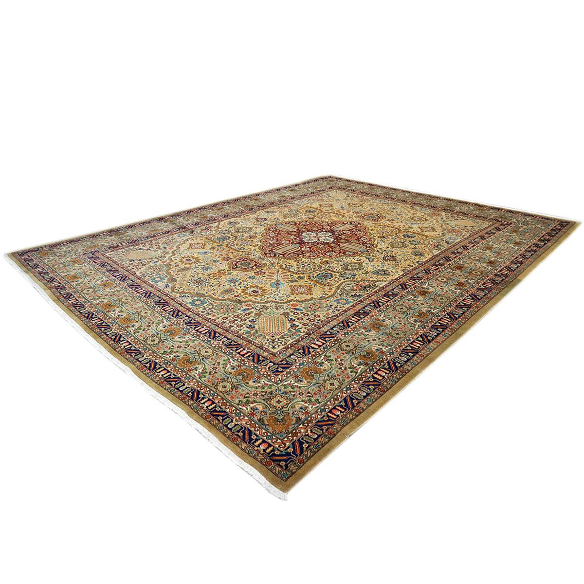 Antique Persian Tabriz 10x13 Tan, Taupe, Navy, & Gold Handmade Area Rug For Sale 1