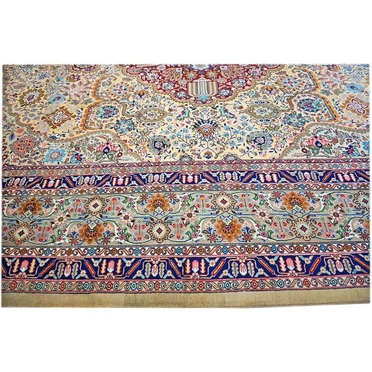 Antique Persian Tabriz 10x13 Tan, Taupe, Navy, & Gold Handmade Area Rug For Sale 3