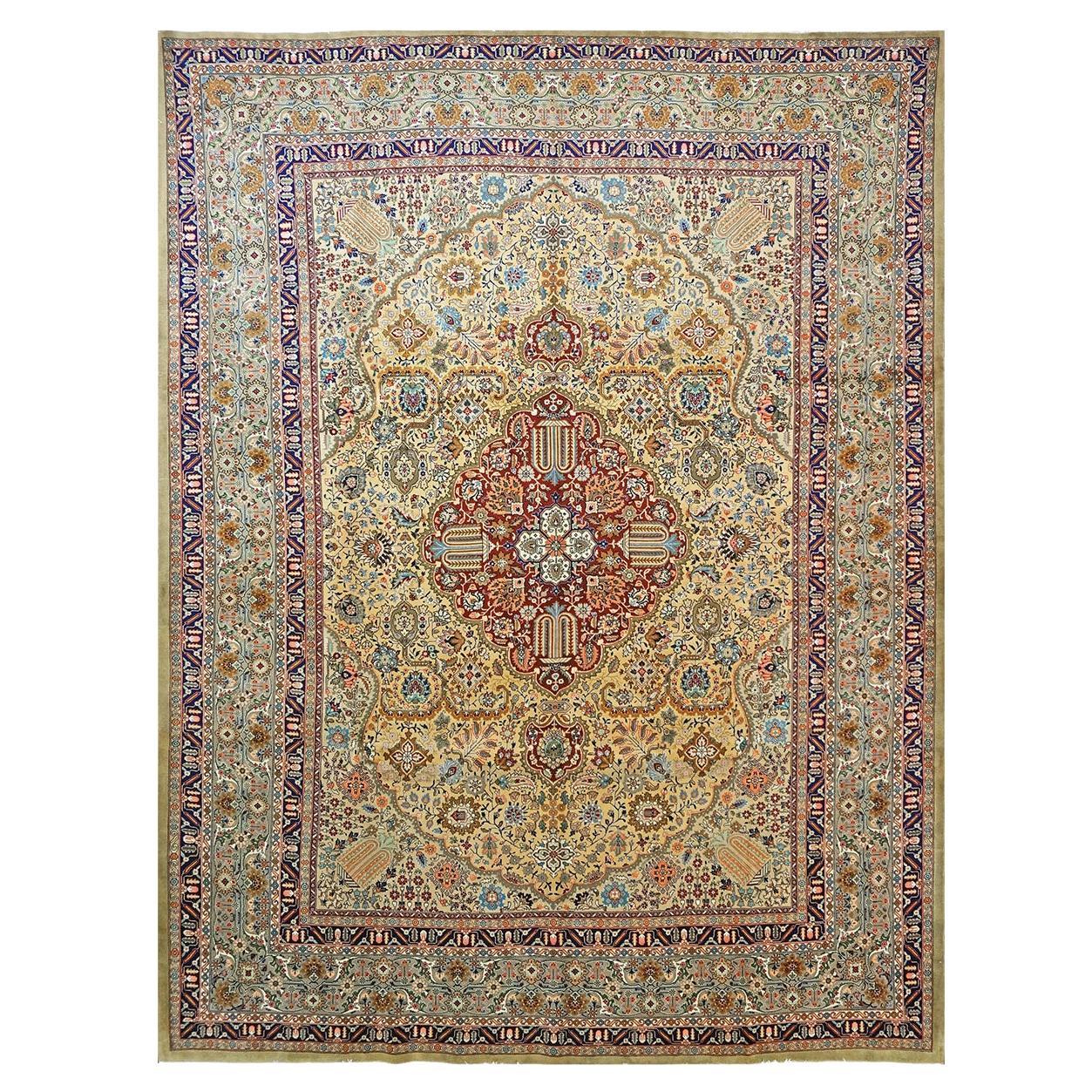 Antique Persian Tabriz 10x13 Tan, Taupe, Navy, & Gold Handmade Area Rug For Sale