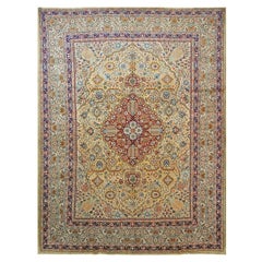 Tapis persan ancien Tabriz 10x13 brun clair, taupe, bleu marine et or fait à la main