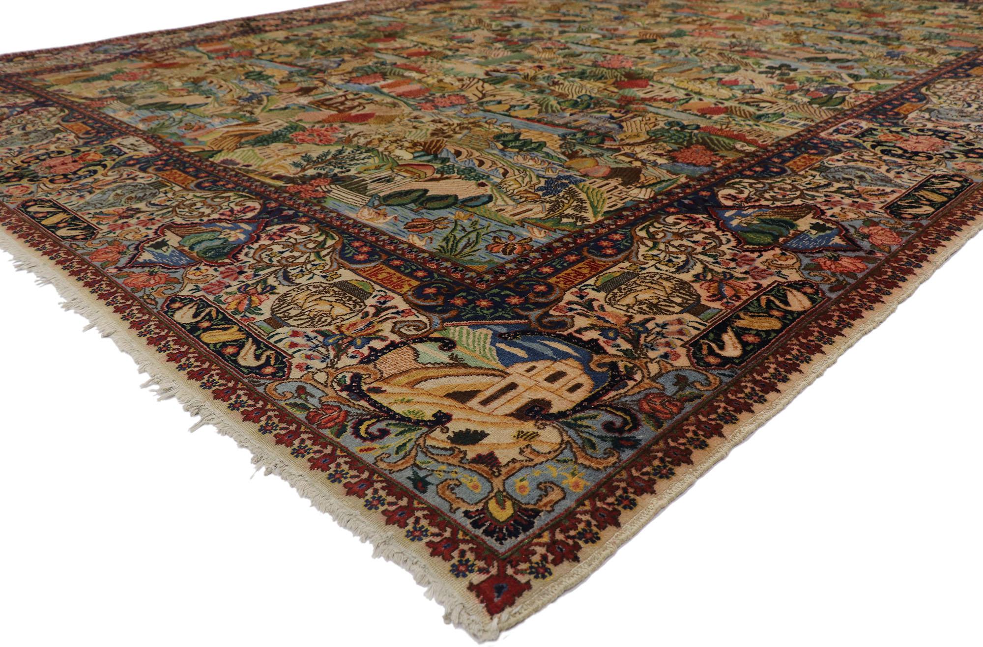 77660 antique Persian Tabriz Village Pictorial rug with signature 11'02 x 14'07. Full of tiny details with a village scene, this hand-knotted wool antique Persian Tabriz pictorial rug depicts many aspects of everyday village and rural life. With the