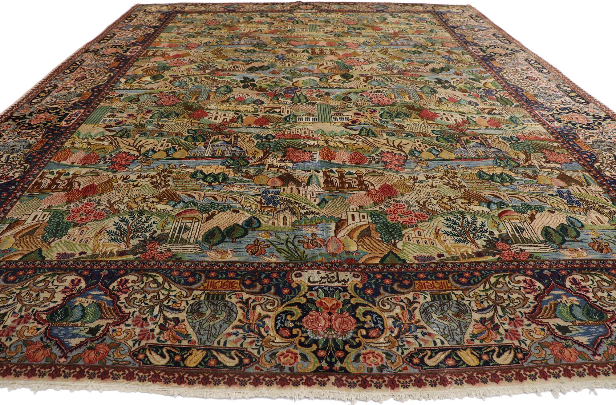 Hand-Knotted Antique Persian Tabriz Village Pictorial Rug with Signature For Sale
