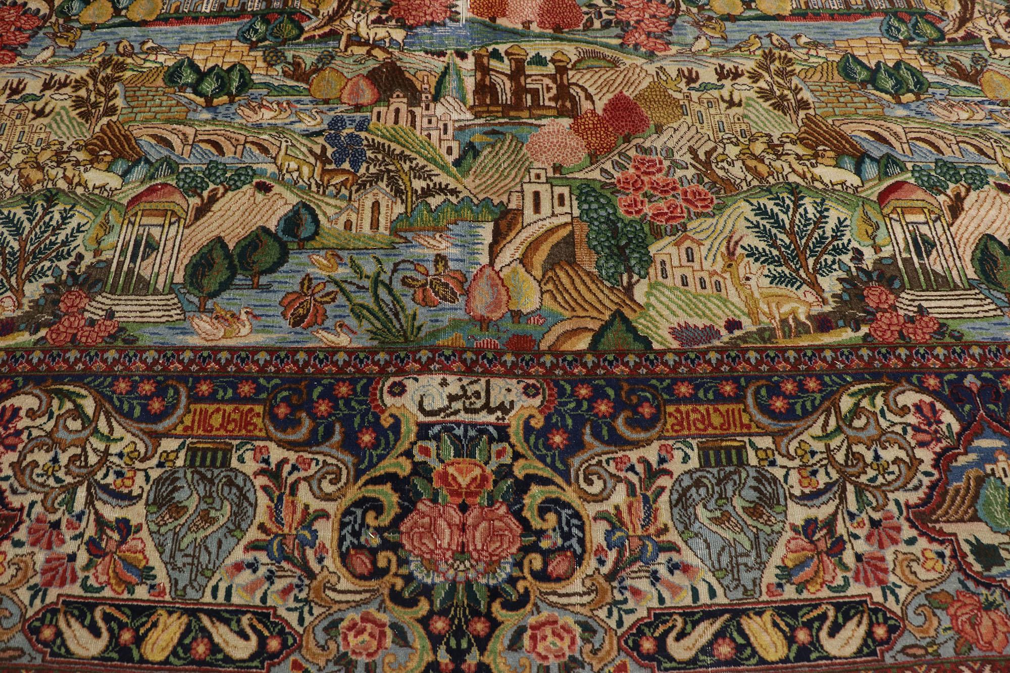 Noué à la main Tapis persan ancien signé Tabriz, 11'02 x 14'07 en vente