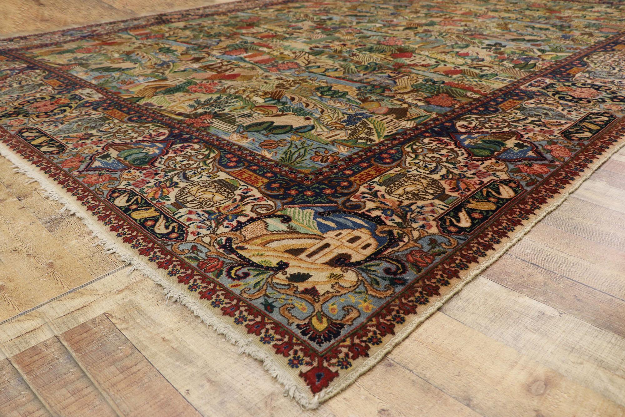 Wool Antique Persian Tabriz Village Pictorial Rug with Signature For Sale