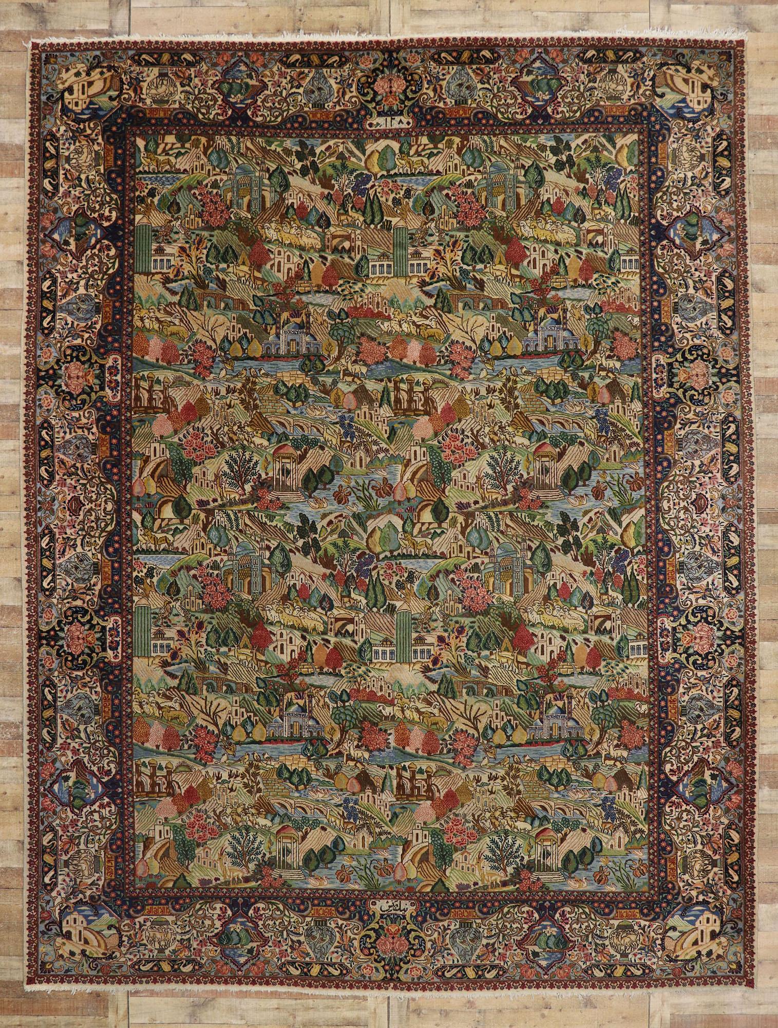 Antique Persian Tabriz Village Pictorial Rug with Signature For Sale 2