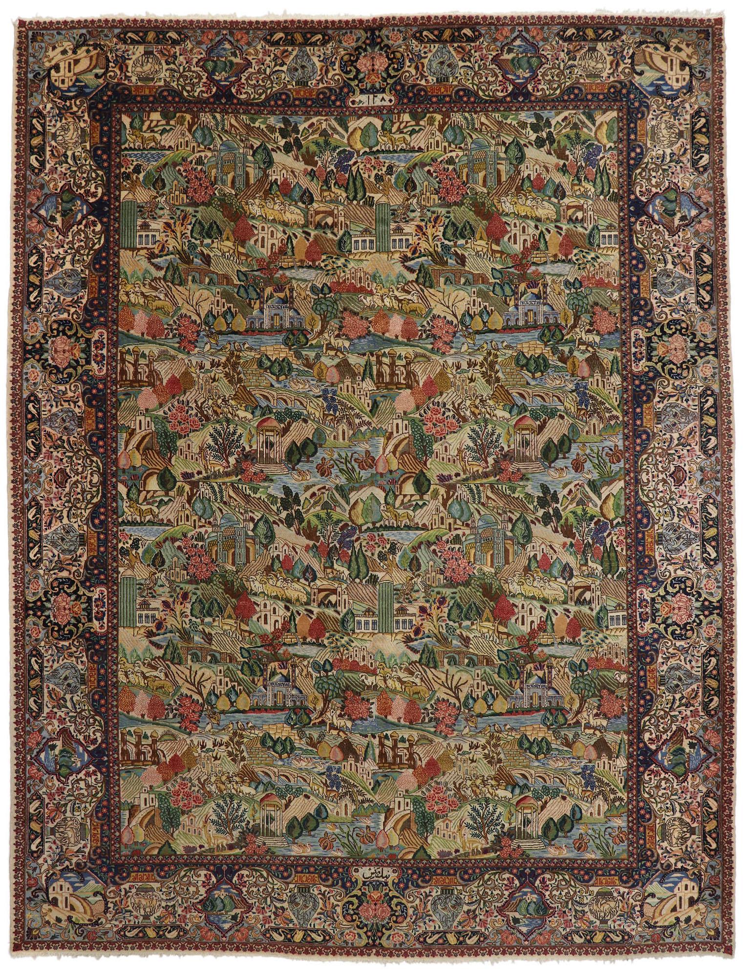 Antique Persian Tabriz Village Pictorial Rug with Signature For Sale 3