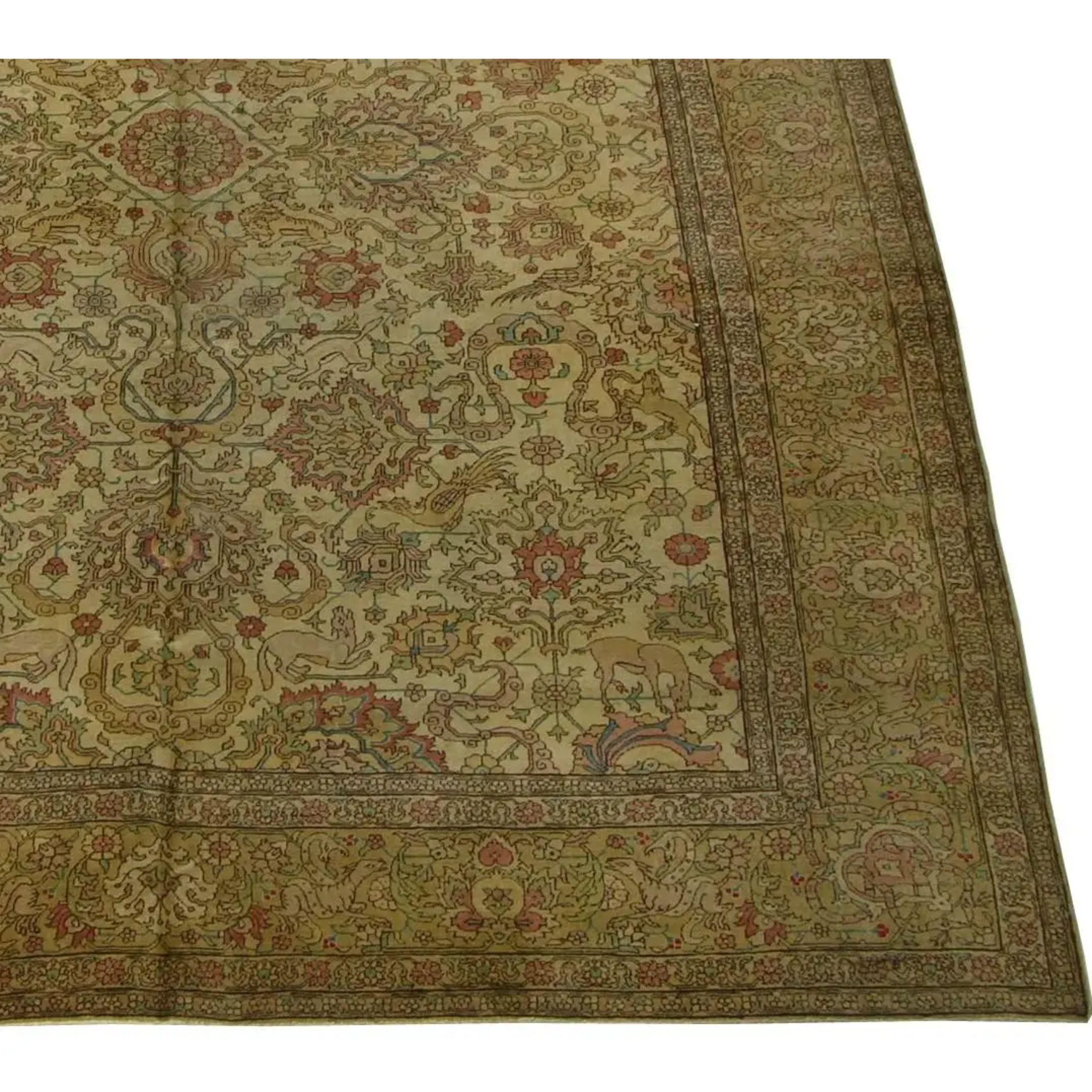 Antike persische Tabriz mit Tierdruck Teppich 11'4'' X 9'1''