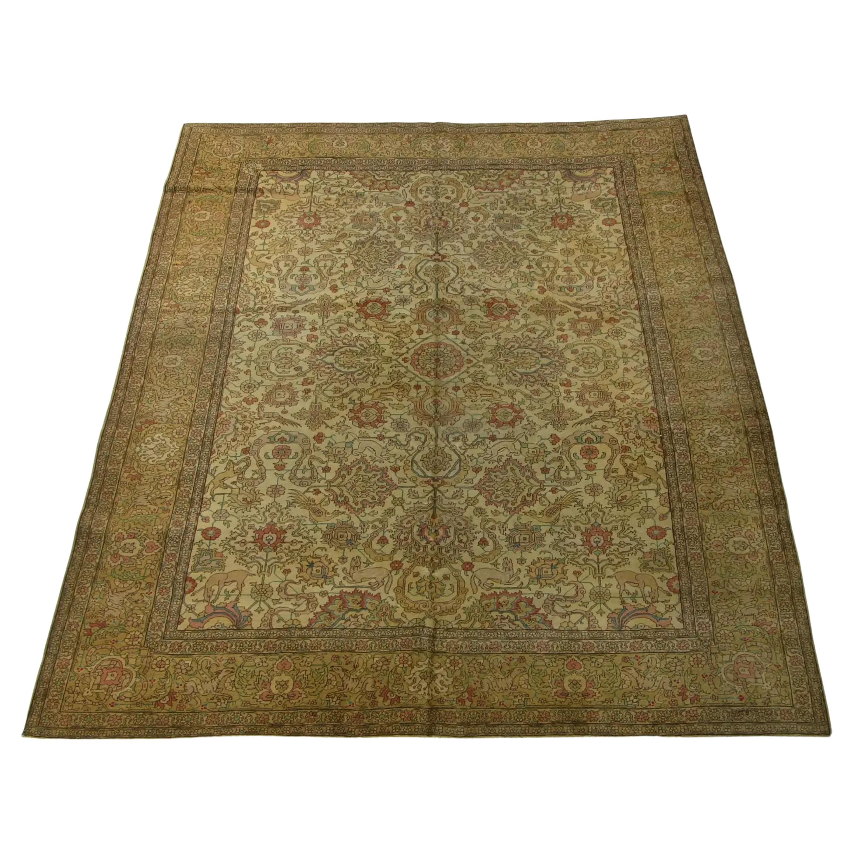 Ancien tapis persan de Tabriz à imprimé animal-11'4'' X 9'1'' en vente