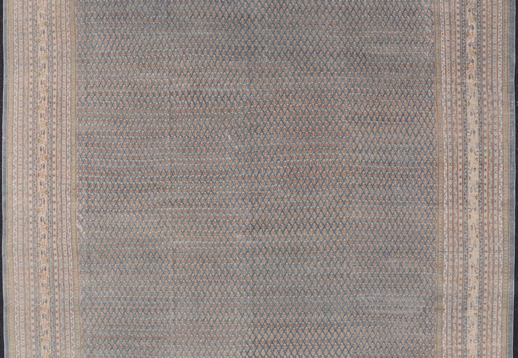 Perse Tabriz persan ancien avec Small Design Herati en bleu doux 11'0 X 14'7 en vente