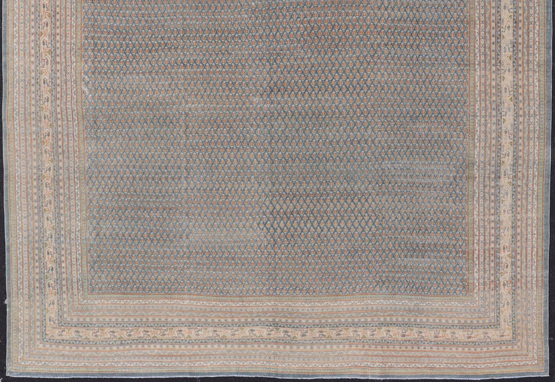 Noué à la main Tabriz persan ancien avec Small Design Herati en bleu doux 11'0 X 14'7 en vente